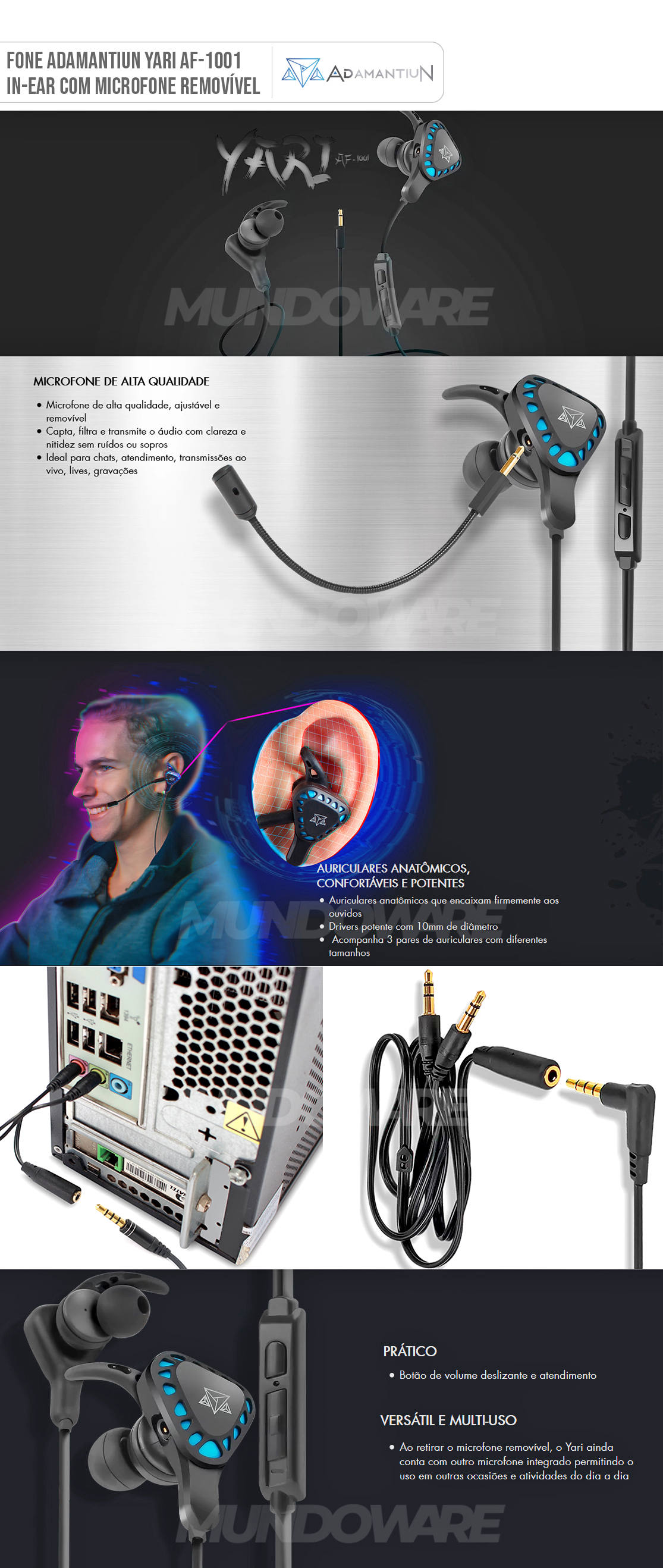 Fone Intra Auricular Com Microfone Removível Plugue P2 Universal + Adaptador Headset In-ear Adamantiun Yari AF-1001
