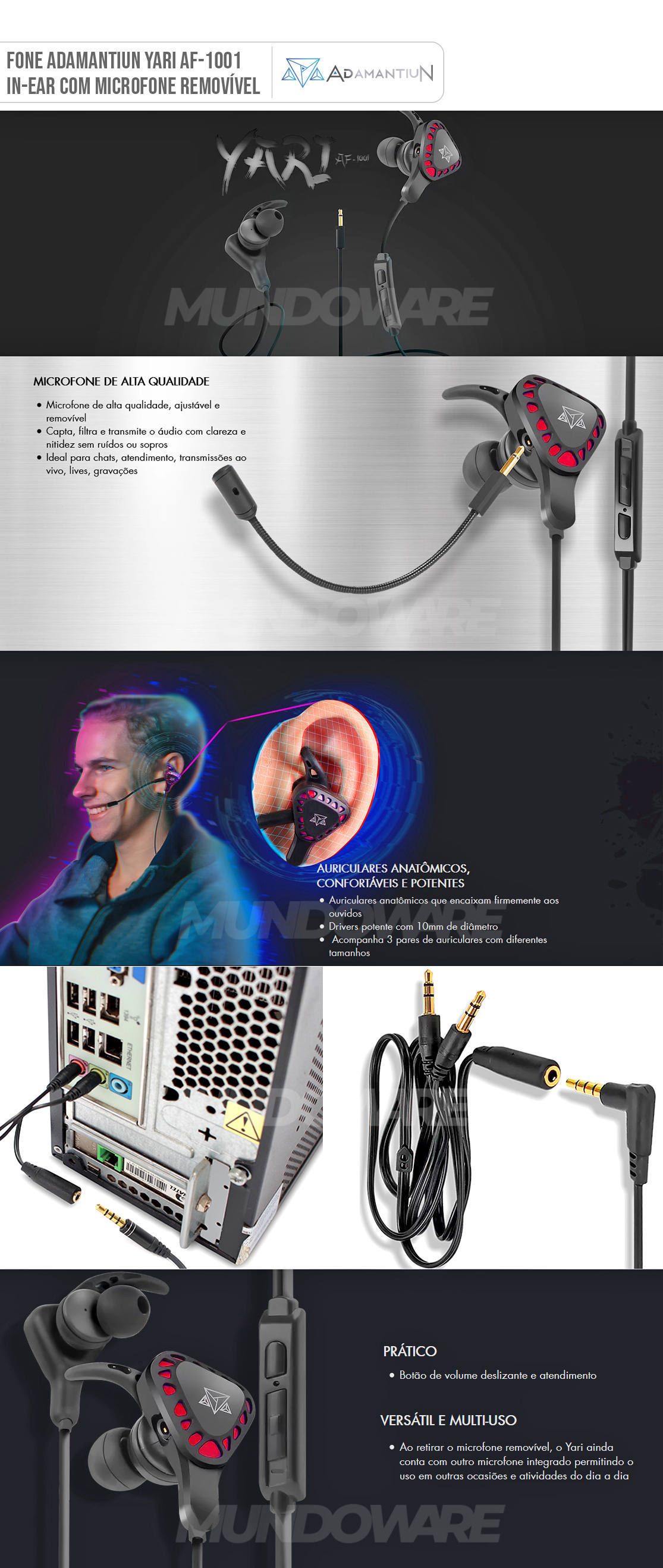 Fone de Ouvido com Microfone Ominidirecional Removível + Adaptador Headset In-ear Estéreo Adamantiun Yari AF-1001V