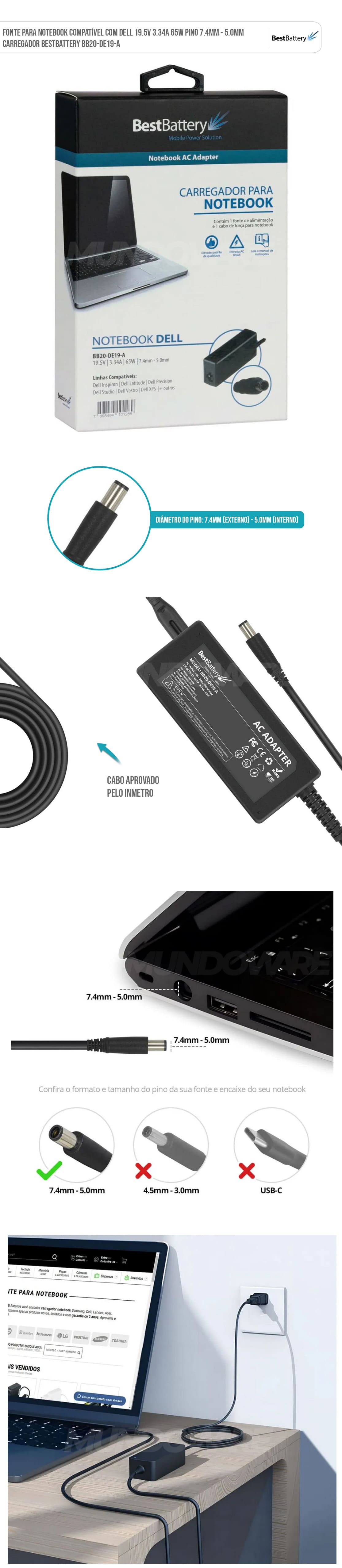 Fonte para Notebook Compatível com Dell 19.5V 3.34A 65W Pino 7.4mm - 5.0mm Carregador BestBattery BB20-DE19-A Fonte para Notebook Compatível com Dell 19.5V 3.34A 65W Pino 7.4mm - 5.0mm Carregador BestBattery BB20-DE19-A