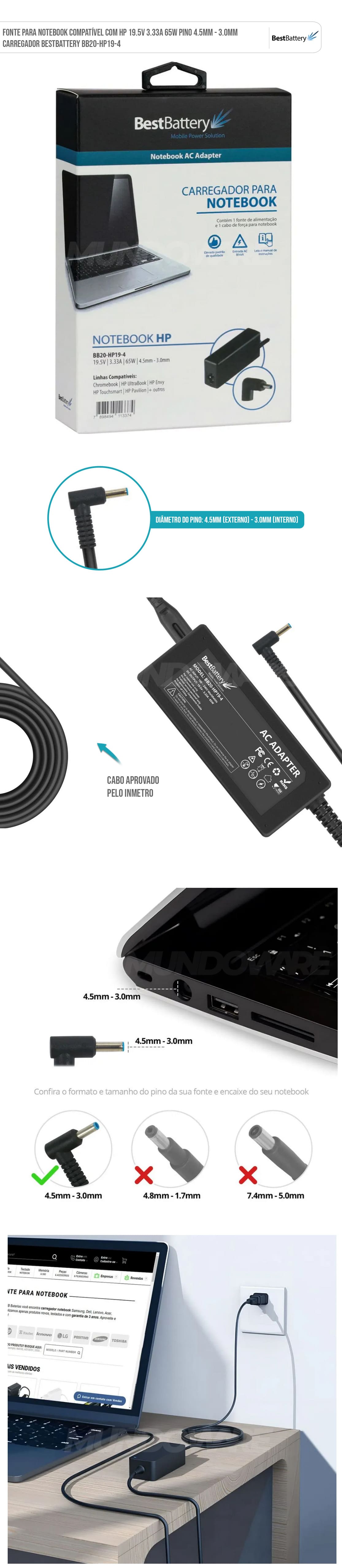 Fonte para Notebook Compatível com HP 19.5V 3.33A 65W Pino 4.5mm - 3.0mm Carregador BestBattery BB20-HP19-4 Fonte para Notebook Compatível com HP 19.5V 3.33A 65W Pino 4.5mm - 3.0mm Carregador BestBattery BB20-HP19-4