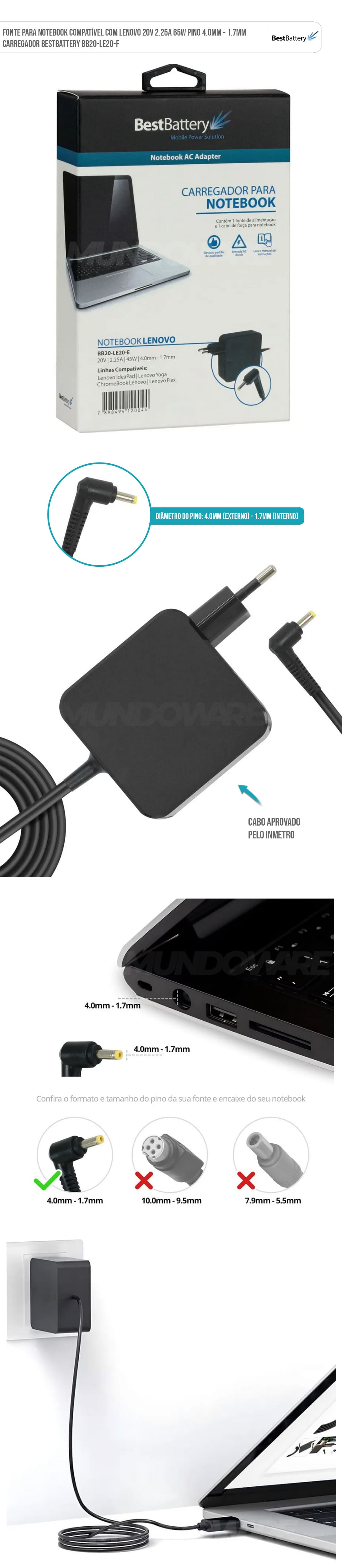 Fonte para Notebook Compatível com Lenovo 20V 2.25A 65W Pino 4.0mm - 1.7mm Carregador BestBattery BB20-LE20-F Fonte para Notebook Compatível com Lenovo 20V 2.25A 65W Pino 4.0mm - 1.7mm Carregador BestBattery BB20-LE20-F
