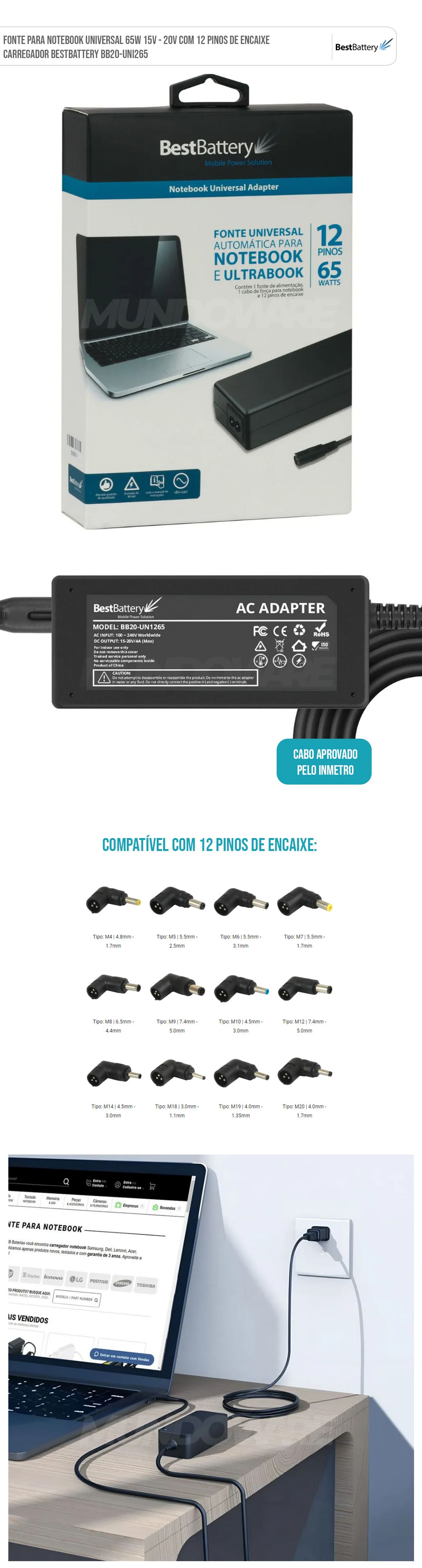 Fonte para Notebook Universal 65W 15V - 20V com 12 Pinos de Encaixe Carregador BestBattery BB20-UNI265 Fonte para Notebook Universal 65W 15V - 20V com 12 Pinos de Encaixe Carregador BestBattery BB20-UNI265