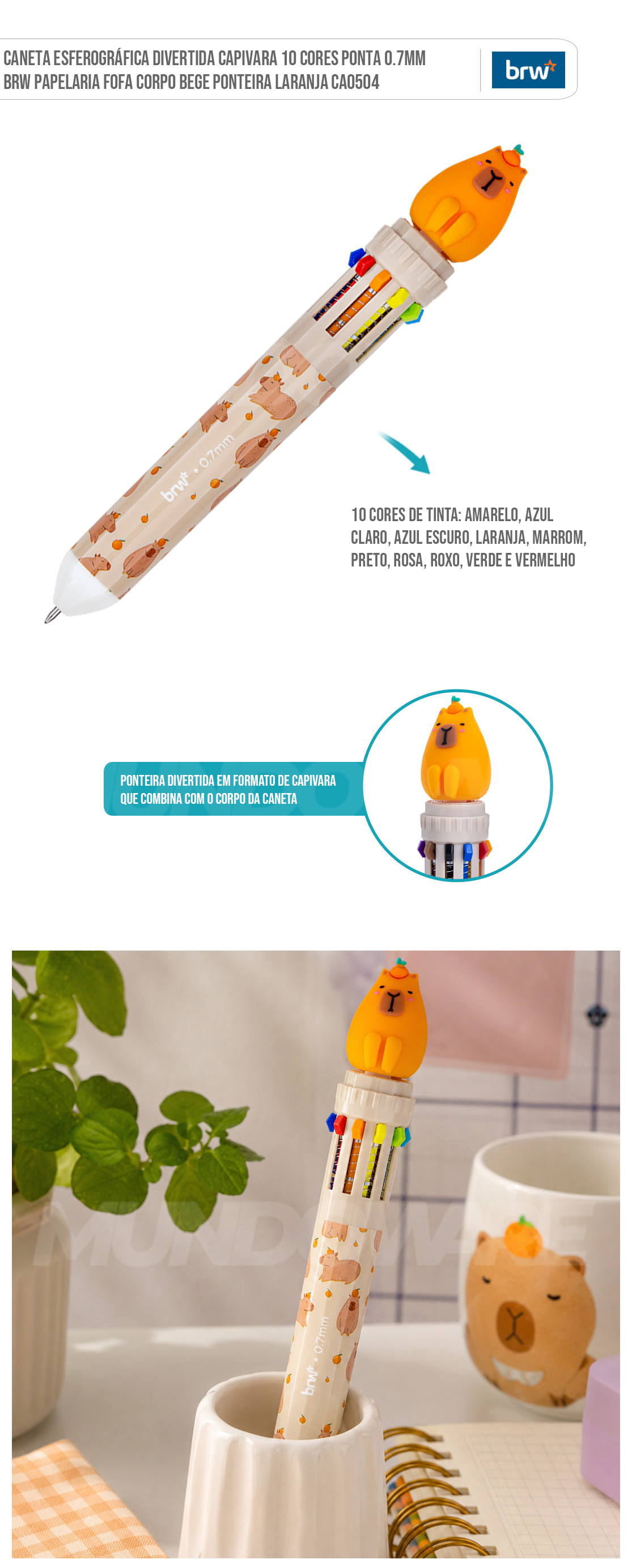 Caneta Esferográfica Divertida Capivara 10 Cores Ponta 0.7mm BRW Papelaria Fofa Corpo Bege Ponteira Laranja CA0504