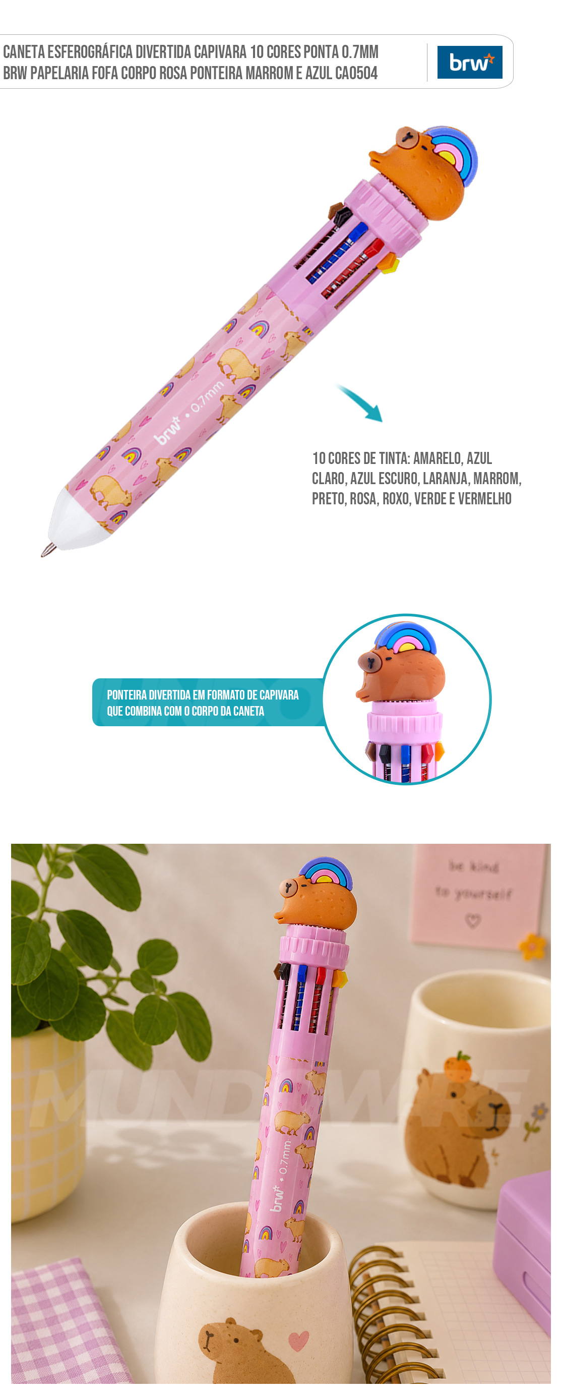Caneta Esferográfica Divertida Capivara 10 Cores Ponta 0.7mm BRW Papelaria Fofa Corpo Rosa Ponteira Marrom e Azul CA0504
