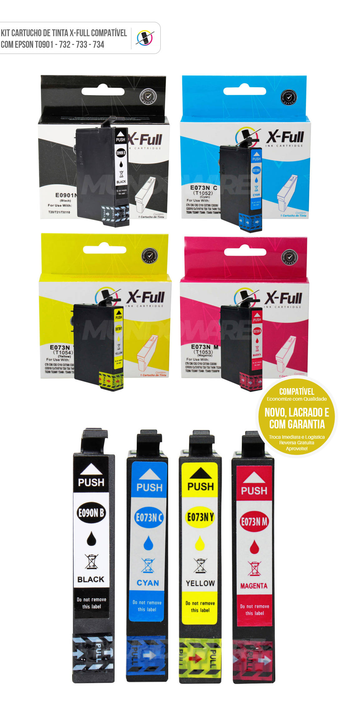 Kit 4 Cores Cartucho de Tinta X-Full Compatível com Epson 901 732 733 734 p/ Impressora CX5600 C92 T20 T21 TX100 TX110