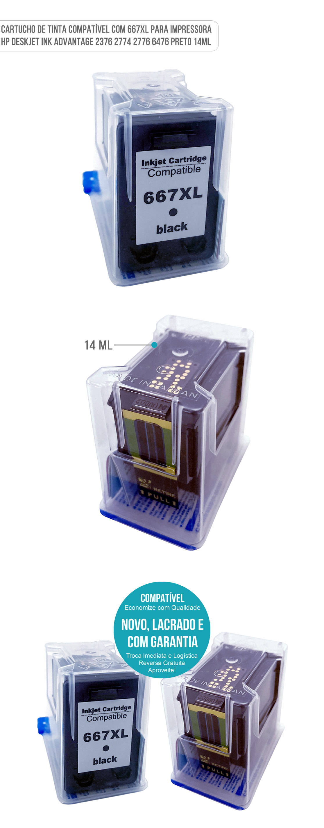 Cartucho de Tinta Compatvel com 667xl para Impressora HP Deskjet Ink Advantage 2376 2774 2776 6476 Preto 14ml