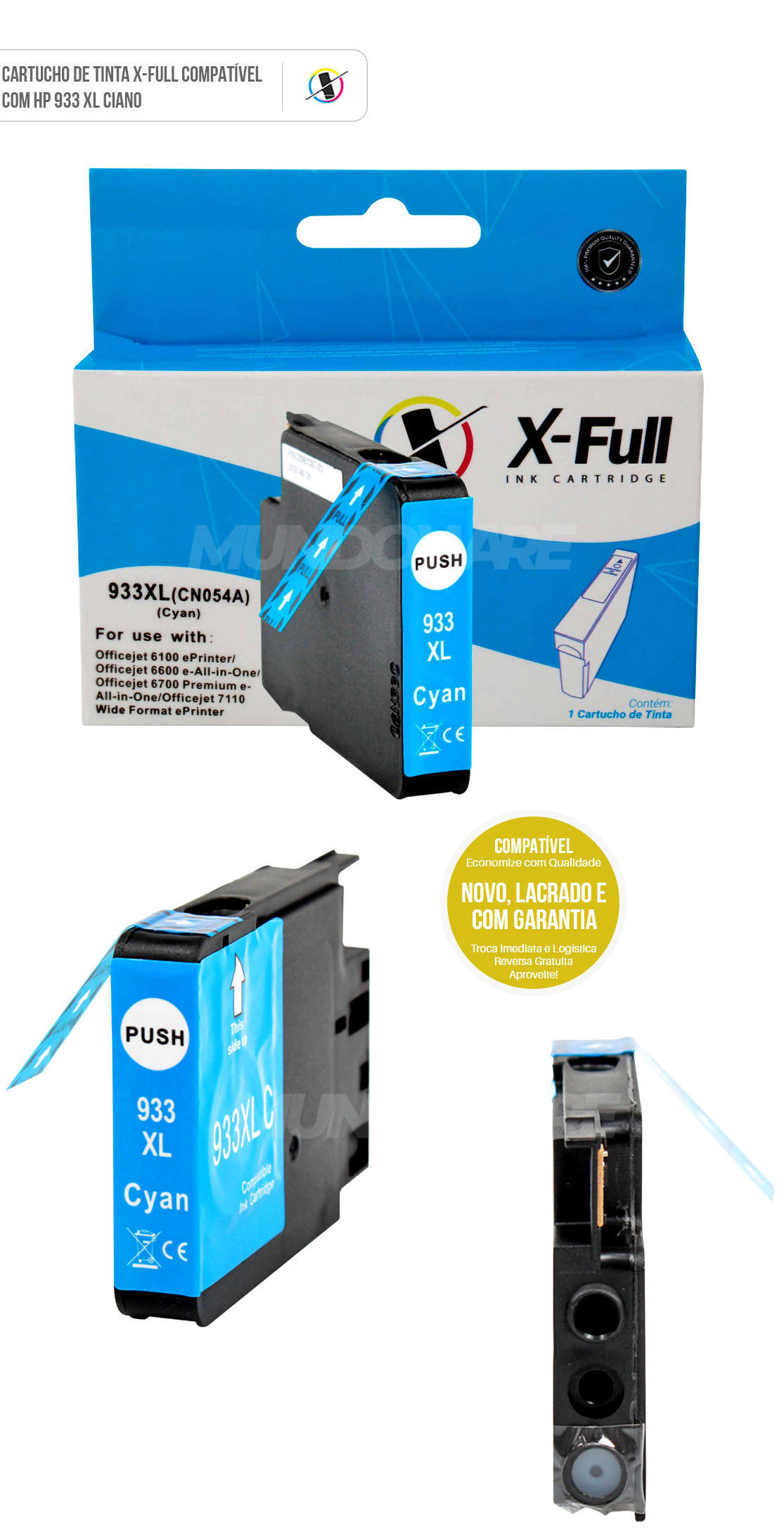 Cartucho de Tinta X-Full Compatível com HP 933xl 933 para Impressora 6100 6600 6700 7100A 7110 7510 7610 Ciano 17ml