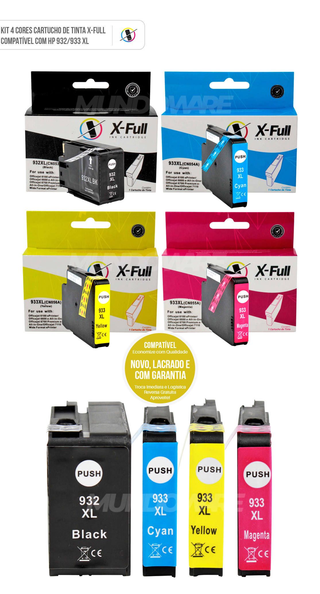 Kit 4 Cores Cartucho de Tinta X-Full Compatível com HP 932xl 933xl para Impressora 6600 6700 7100A 7110 7510 7610 7612