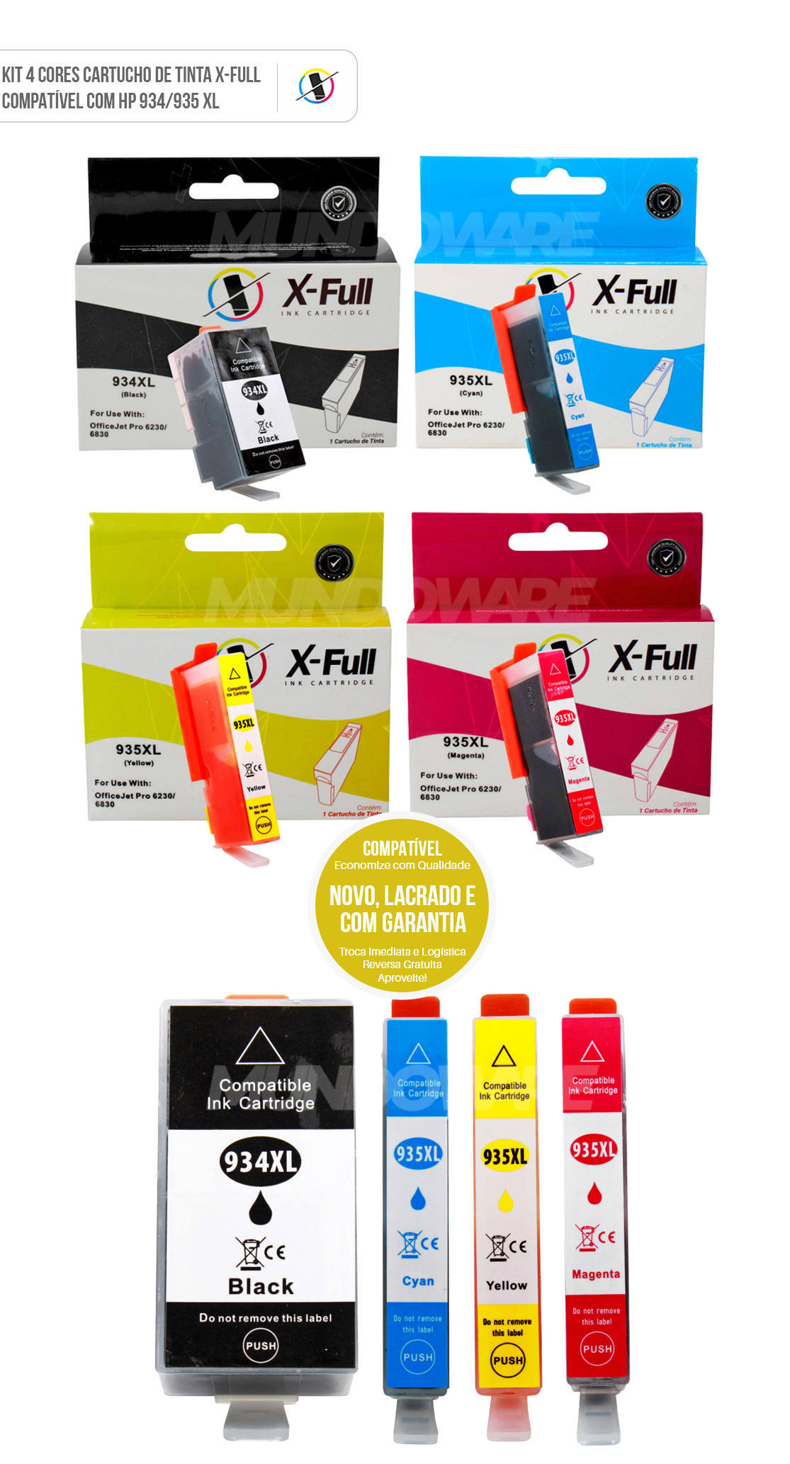 Kit 4 Cores Cartucho de Tinta X-Full Compatvel com HP 934xl 935xl para Impressora 6230 6830