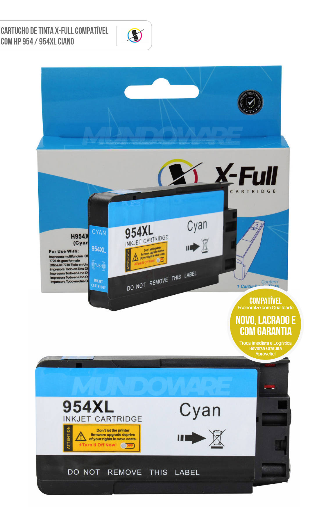 Cartucho de Tinta X-Full Compatível com HP 954xl 954 para Impressora Pro 7720 7740 8210 8710 8720 8730 Ciano 27ml