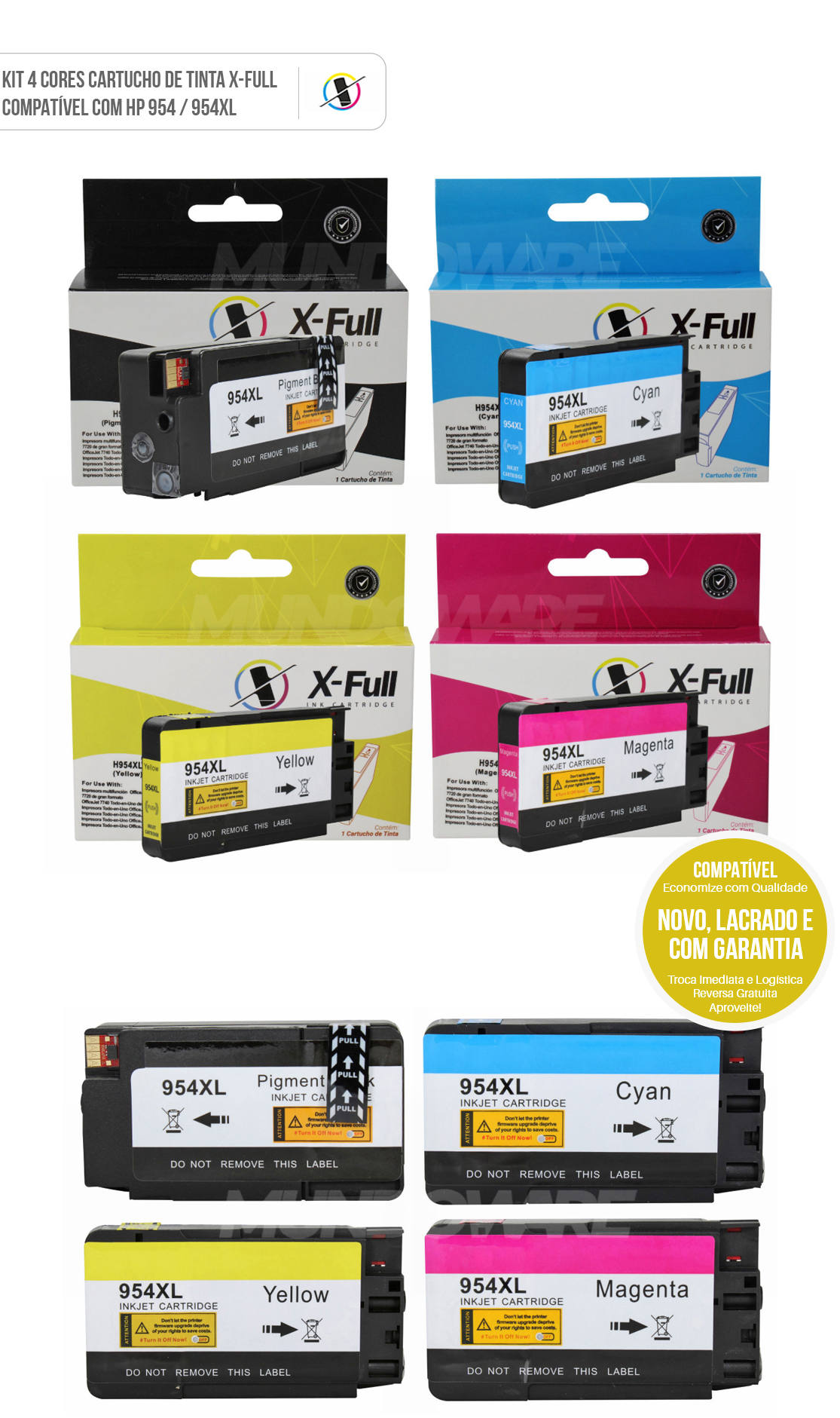 Kit 4 Cores Cartucho de Tinta X-Full Compatível com HP 954xl 954 para Impressora Pro 7720 7740 8210 8710 8720 8730