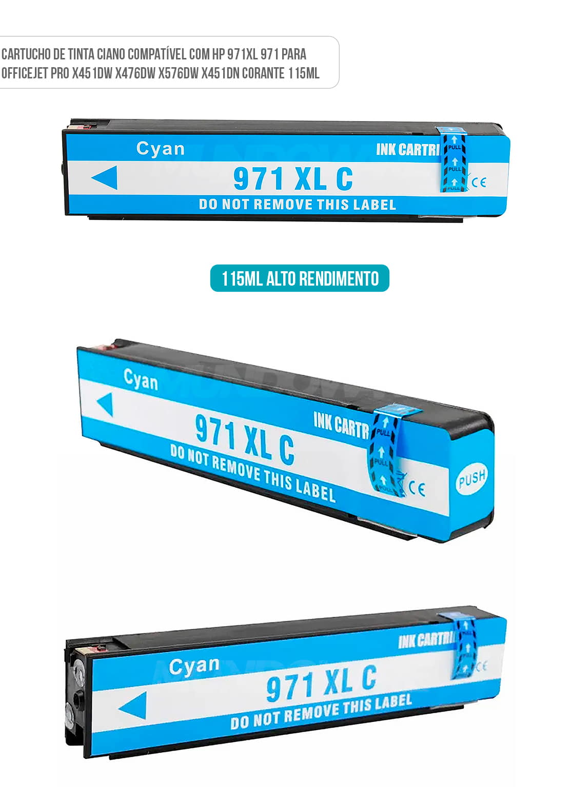 Cartucho de Tinta Ciano Compatível com HP 971xl 971 X-Full para Officejet Pro X451dw X476dw X576dw X451dn Corante 115ml