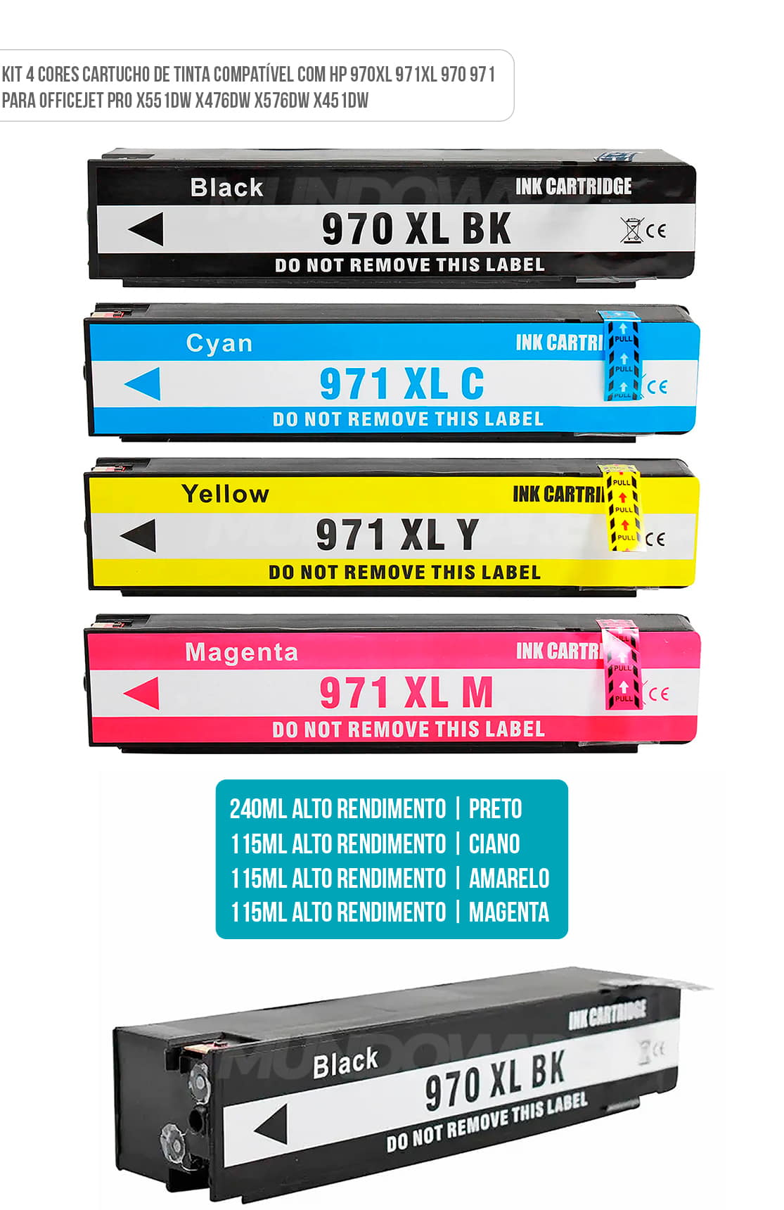 Kit 4 Cores Cartucho de Tinta Compat�vel com HP 970xl 971xl 970 971 X-Full p/ Officejet Pro X551dw X476dw X576dw X451dw