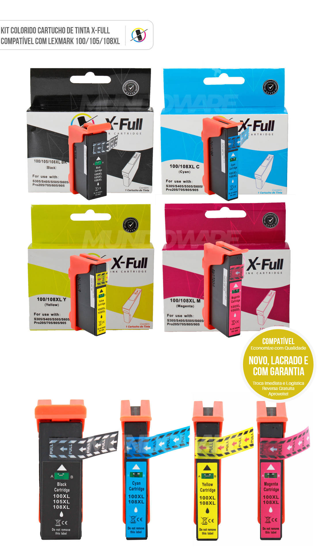 Kit 4 Cores Cartucho de Tinta X-Full Compatível com HP 100xl 105xl 108xl p/ S305 S308 S405 S608 PRO 205 PRO 805 901 905