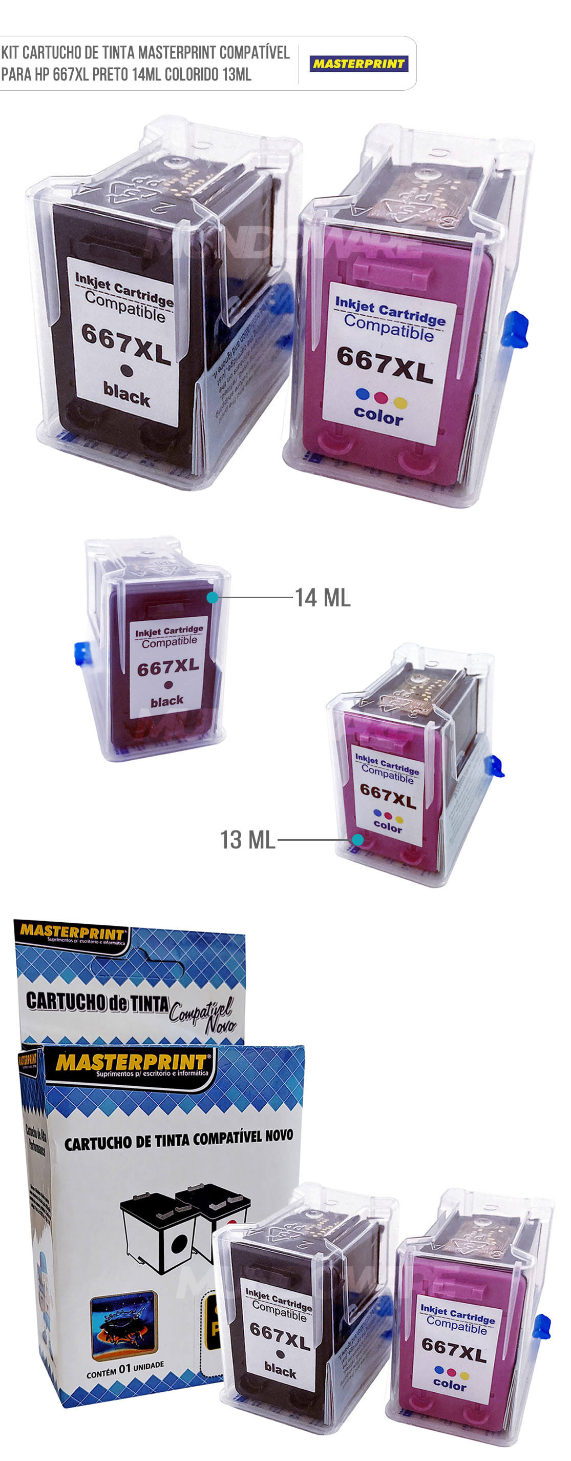 Kit Cartucho de Tinta Masterprint Compatvel com 667xl 667 para HP Deskjet 2374 2375 2376 2774 2775 2776 6476 6475