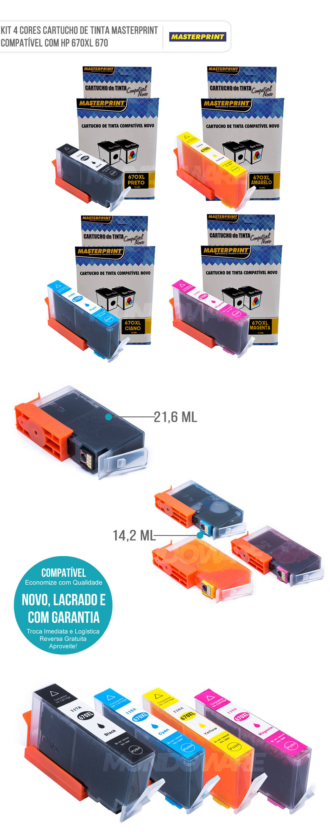 Kit 4 Cores Cartucho de Tinta Masterprint Compatível com 670xl 670 para Impressora HP 3525 4615 4625 5525 6520 6525
