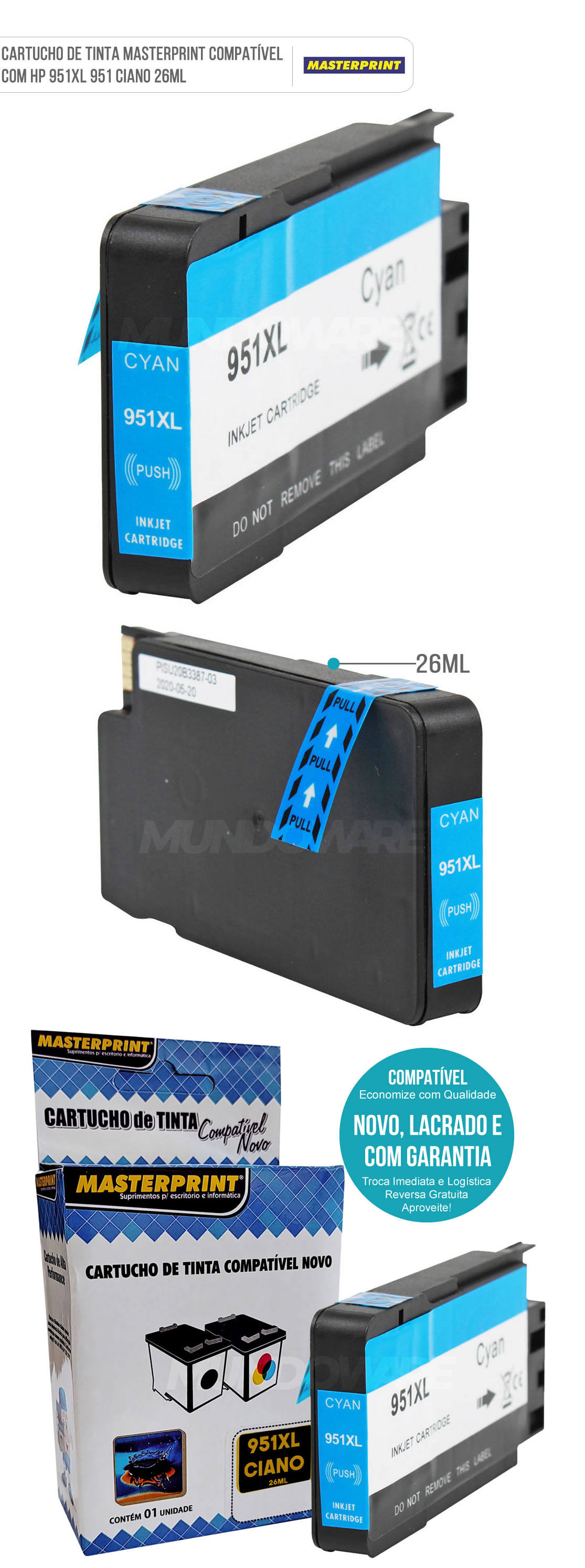 Cartucho de Tinta Masterprint Compatível com 951xl 951 para HP Officejet Pro 8600 8600 Plus 8600W 8620 8610 Ciano 26ml