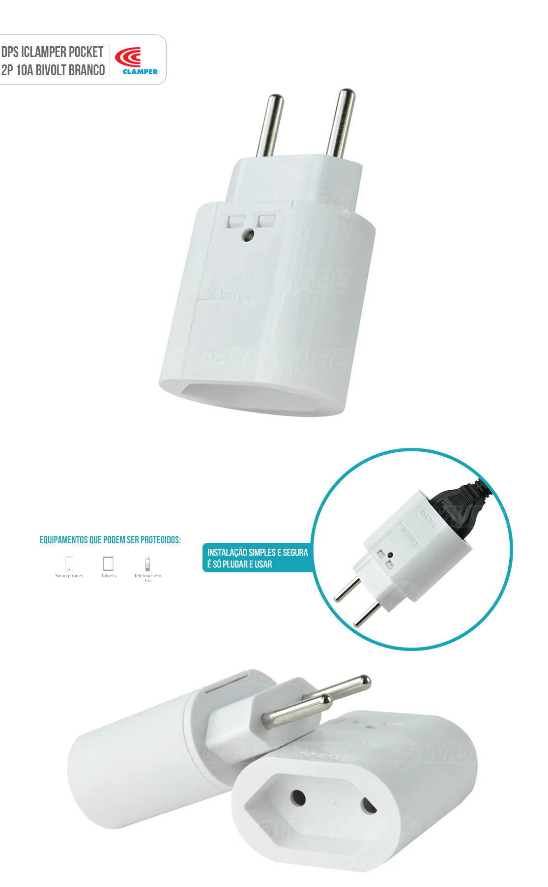 DPS iClamper Pocket 2 Pinos 10A Proteção contra Surtos Elétricos em Ambientes Sem Aterramento Clamper 2P Branco