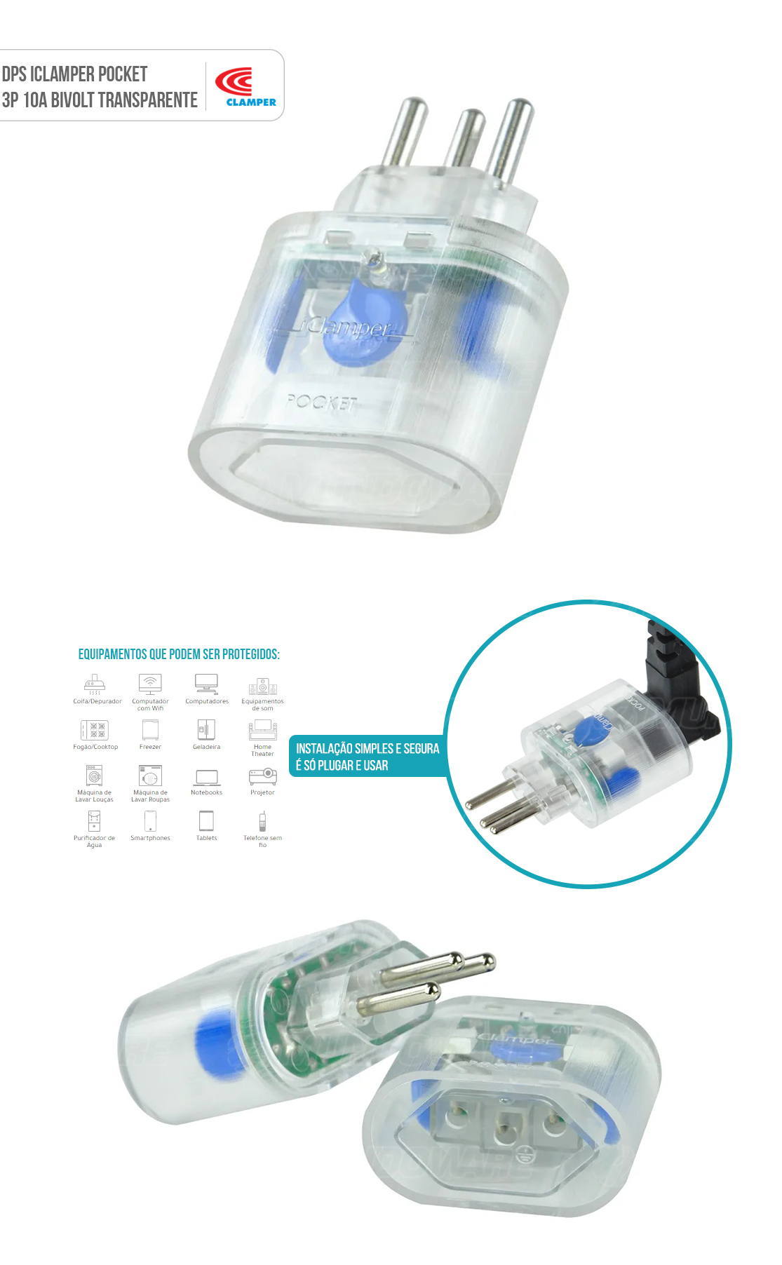 DPS Portátil iClamper Pocket 3 Pinos 10A Proteção contra Surtos Elétricos para Eletroeletrônicos Clamper 3P Transparente