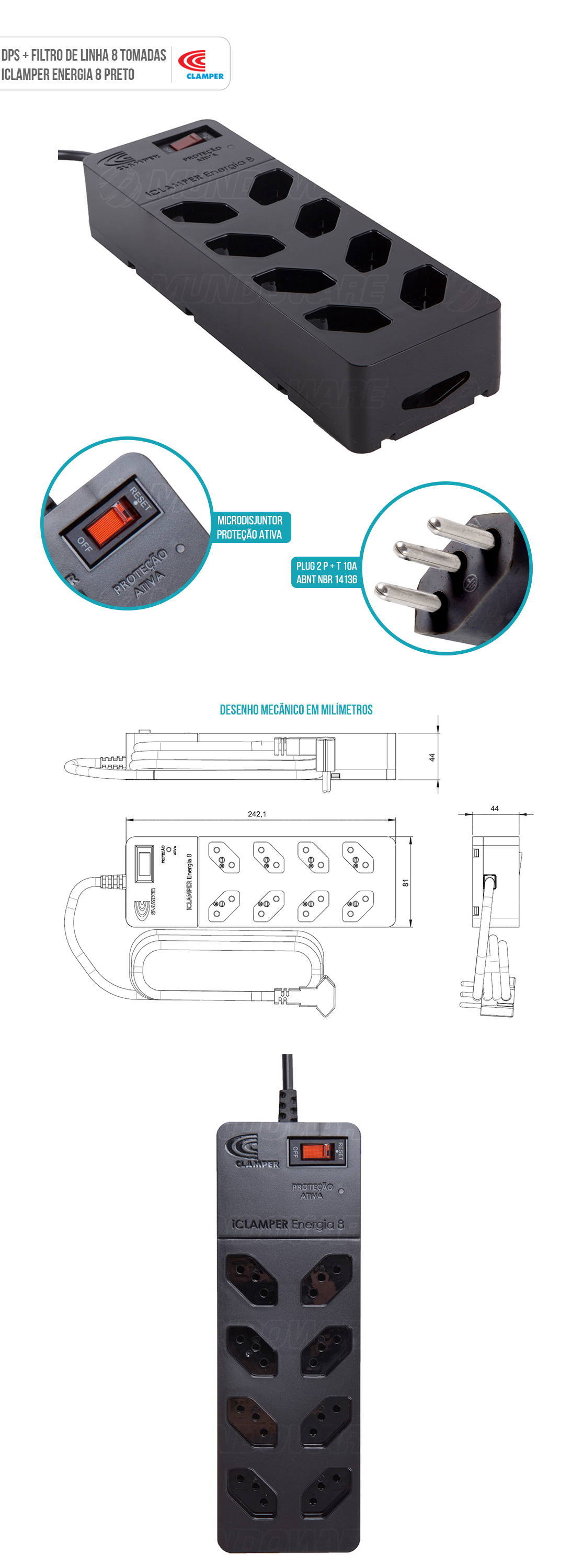 DPS Clamper Filtro de Linha com 8 Tomadas espaçadas Proteção Robusta contra Surtos Elétricos iClamper Energia 8 Clamper Preto