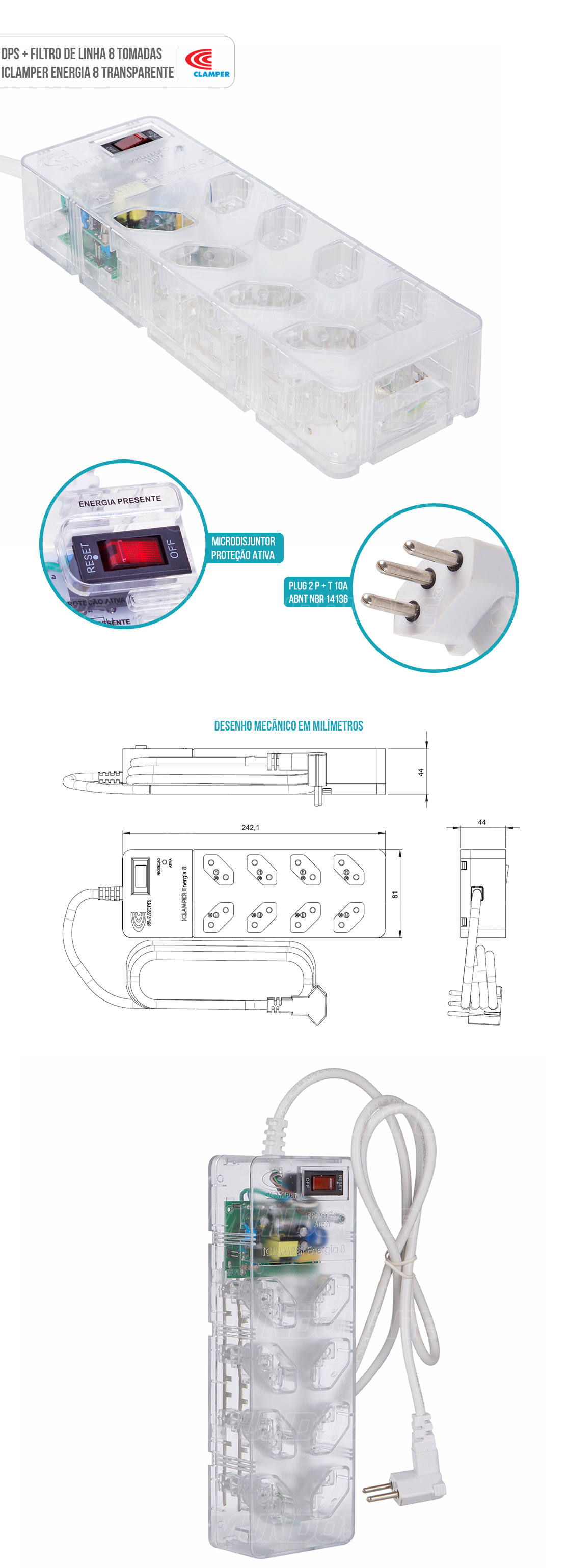 DPS Clamper Filtro de Linha com 8 Tomadas espaçadas Proteção Robusta contra Surtos Elétricos iClamper Energia 8 Clamper Transparente