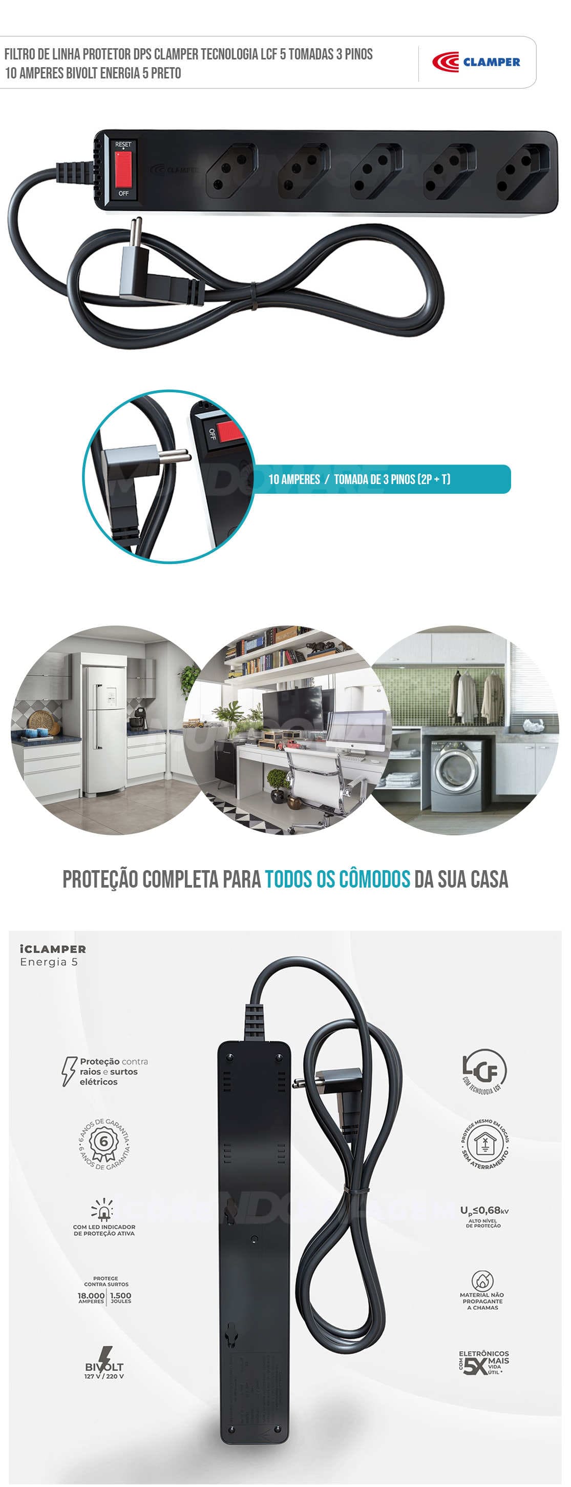 Filtro de Linha Protetor DPS Clamper Tecnologia LCF 5 Tomadas 3 Pinos 10 Amperes Bivolt Energia 5 Preto Filtro de Linha Protetor DPS Clamper Tecnologia LCF 5 Tomadas 3 Pinos 10 Amperes Bivolt Energia 5 Preto