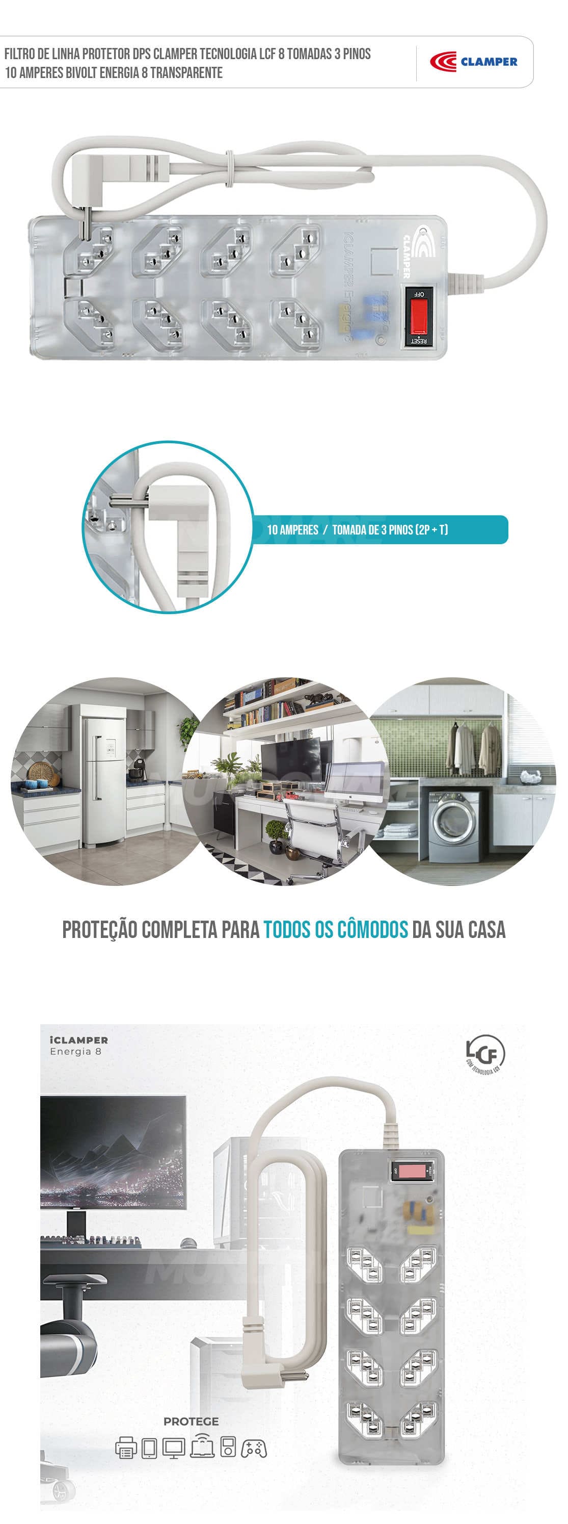 Filtro de Linha Protetor DPS Clamper Tecnologia LCF 8 Tomadas 3 Pinos 10 Amperes Bivolt Energia 8 Transparente Filtro de Linha Protetor DPS Clamper Tecnologia LCF 8 Tomadas 3 Pinos 10 Amperes Bivolt Energia 8 Transparente