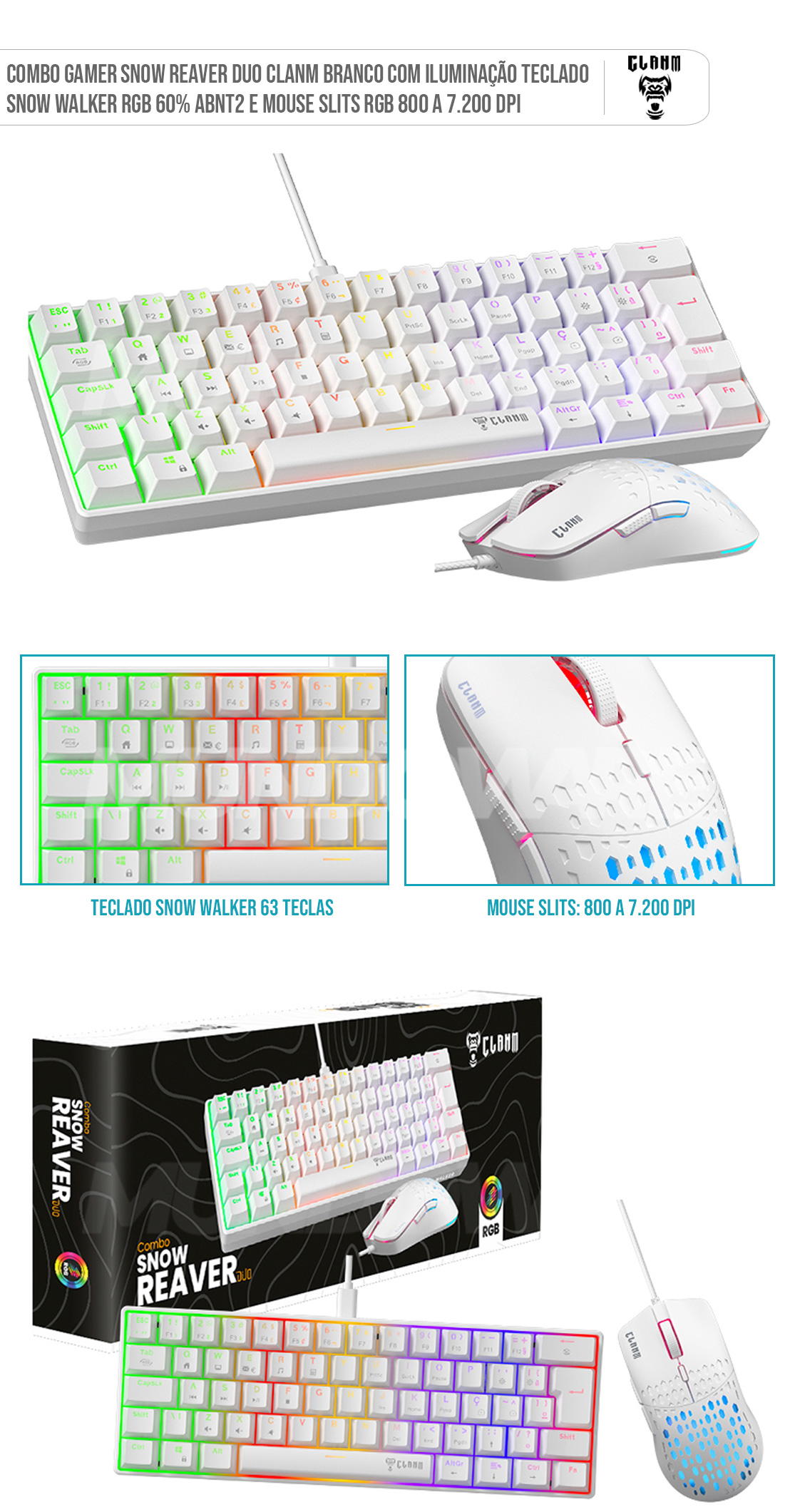 Combo Gamer Snow Reaver Duo Clanm Branco Com Iluminação Teclado Snow Walker RGB 60% ABNT2 e Mouse Slits RGB 800 a 7.200 DPI