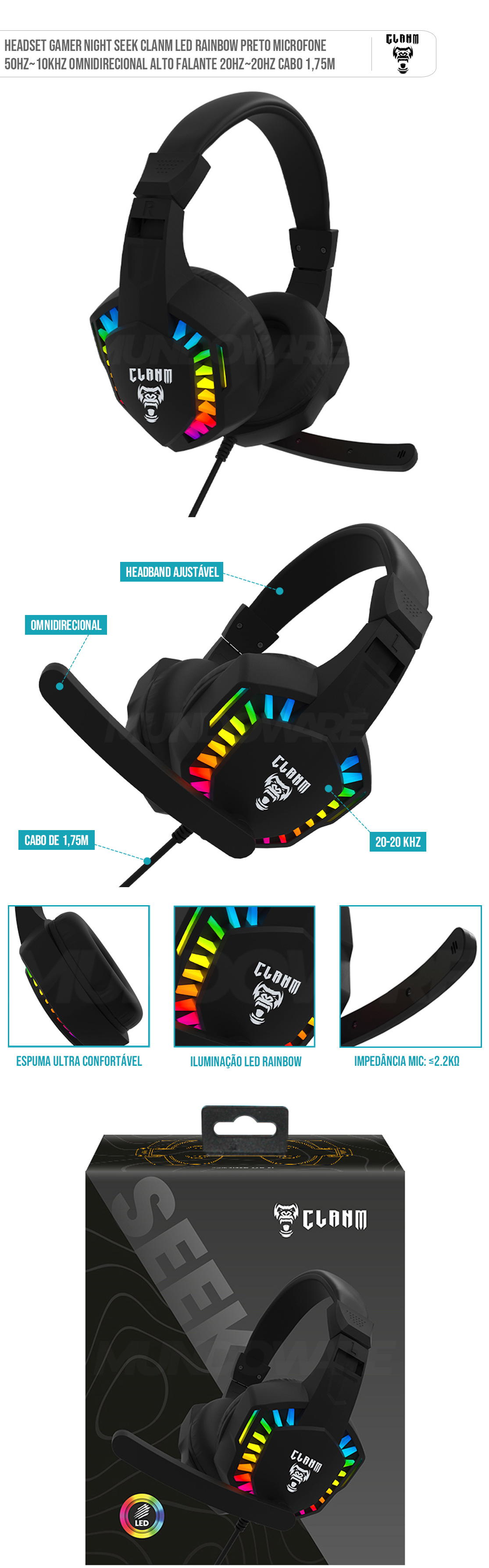 Headset Gamer Night Seek Clanm Led Rainbow Preto Microfone 50Hz~10KHz Omnidirecional Alto Falante 20Hz~20Hz Cabo 1,75m
