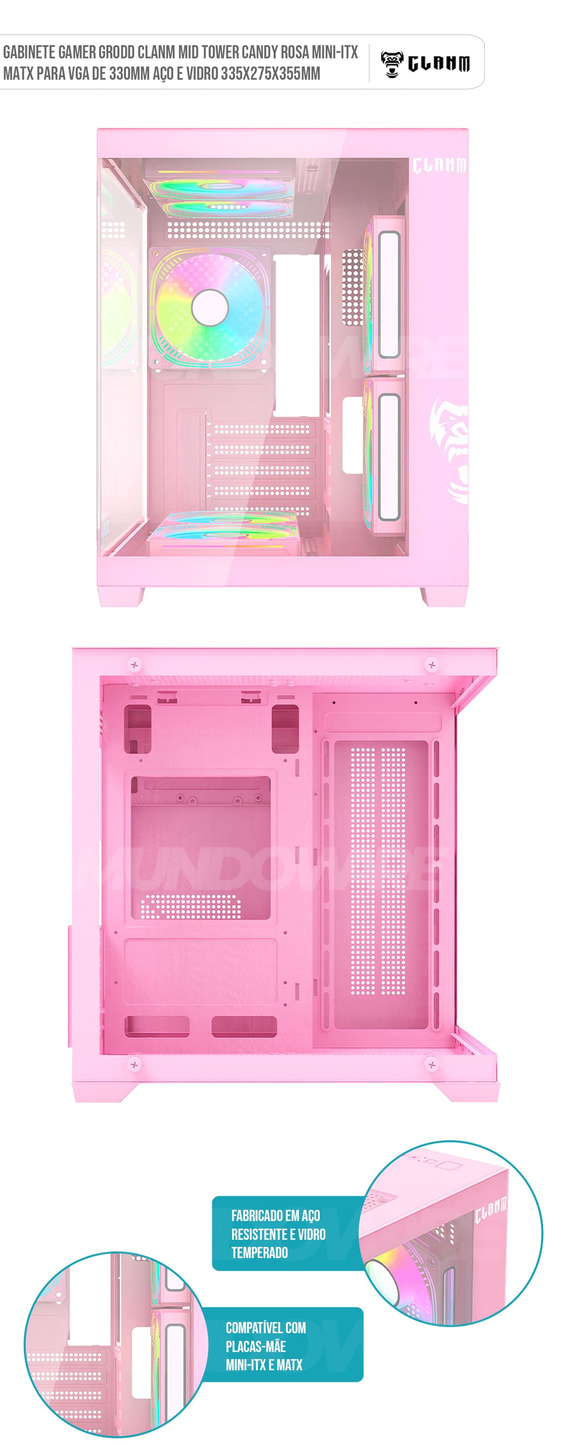 Gabinete Gamer Grodd Clanm Mid Tower Candy Rosa mini-ITX mATX Para VGA de 330mm Aço e Vidro 335x275x355mm Gabinete Gamer Grodd Clanm Mid Tower Candy Rosa mini-ITX mATX Para VGA de 330mm Aço e Vidro 335x275x355mm