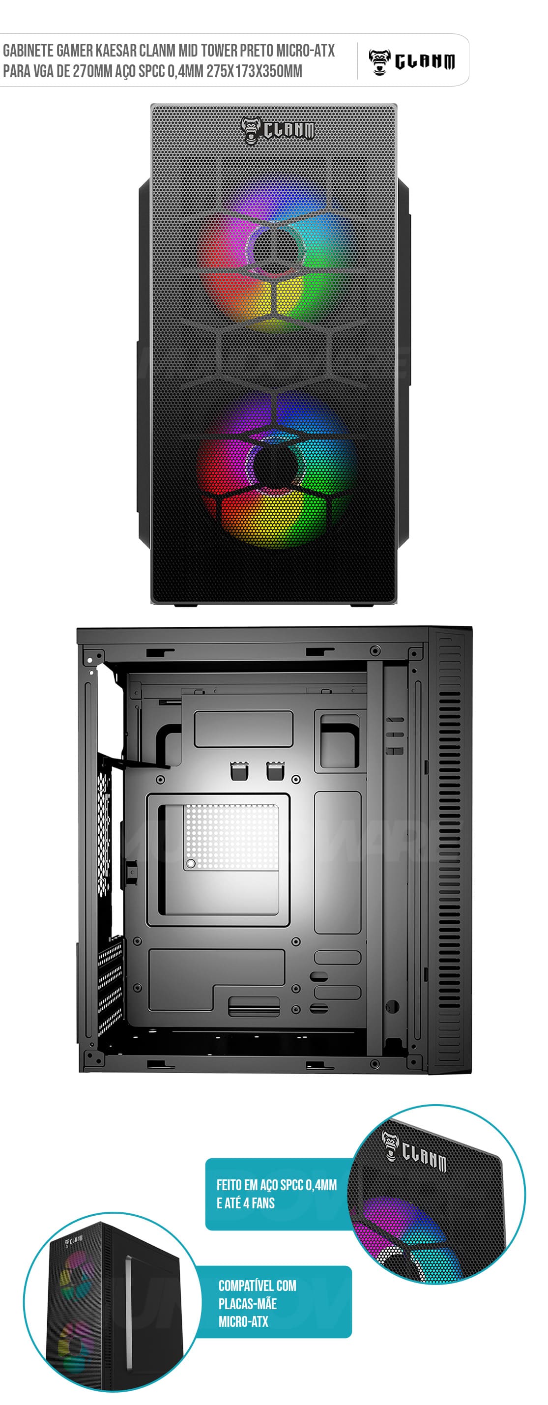 Gabinete Gamer Kaesar Mesh Tela Clanm Mid Tower Preto Micro-ATX Para VGA de 270mm Aço SPCC 0,4mm 275x173x350mm Gabinete Gamer Kaesar Mesh Tela Clanm Mid Tower Preto Micro-ATX Para VGA de 270mm Aço SPCC 0,4mm 275x173x350mm