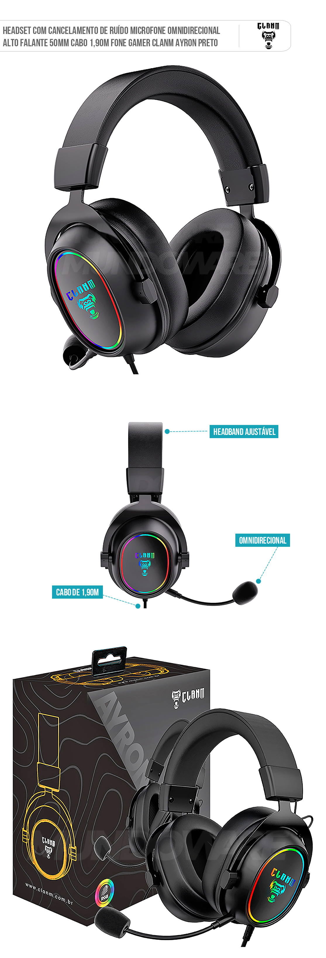 Fone de Ouvido com Cancelamento de Ruído Microfone Omnidirecional Alto Falante 50mm Cabo 1,90m Headset Gamer Clanm Ayron Preto Headset com Cancelamento de Ruído Microfone Omnidirecional Alto Falante 50mm Cabo 1,90m Fone Gamer Clanm Ayron Preto