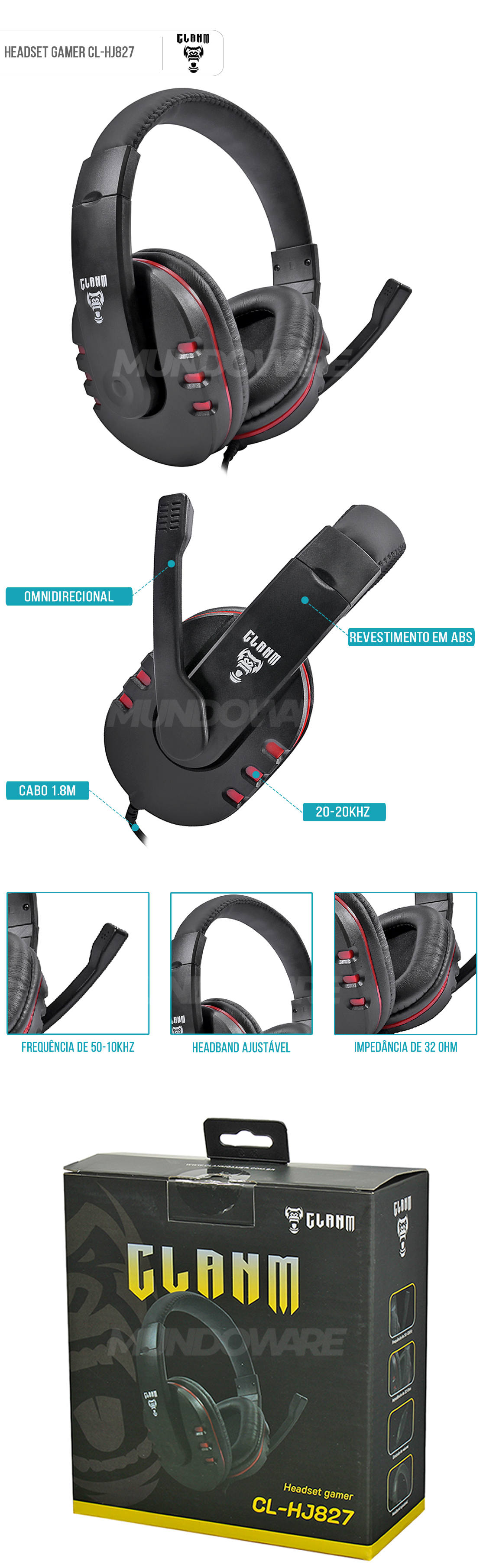 Headset Gamer Stereo Microfone Ominidirecional Cabo 1.8m Fone Clanm CL-HJ827 Preto com Vermelho