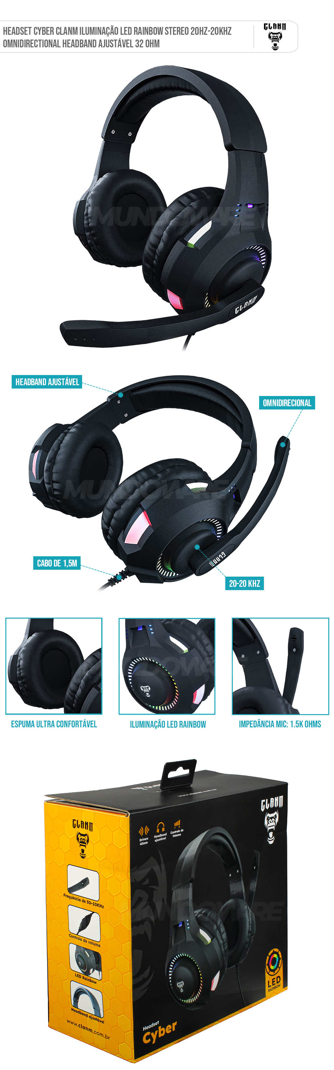 Headset Cyber Clanm Iluminação Led Rainbow Stereo 20Hz-20KHz Omnidirectional Headband Ajustável 32 Ohm Headset Cyber Clanm Iluminação Led Rainbow Stereo 20Hz-20KHz Omnidirectional Headband Ajustável 32 Ohm