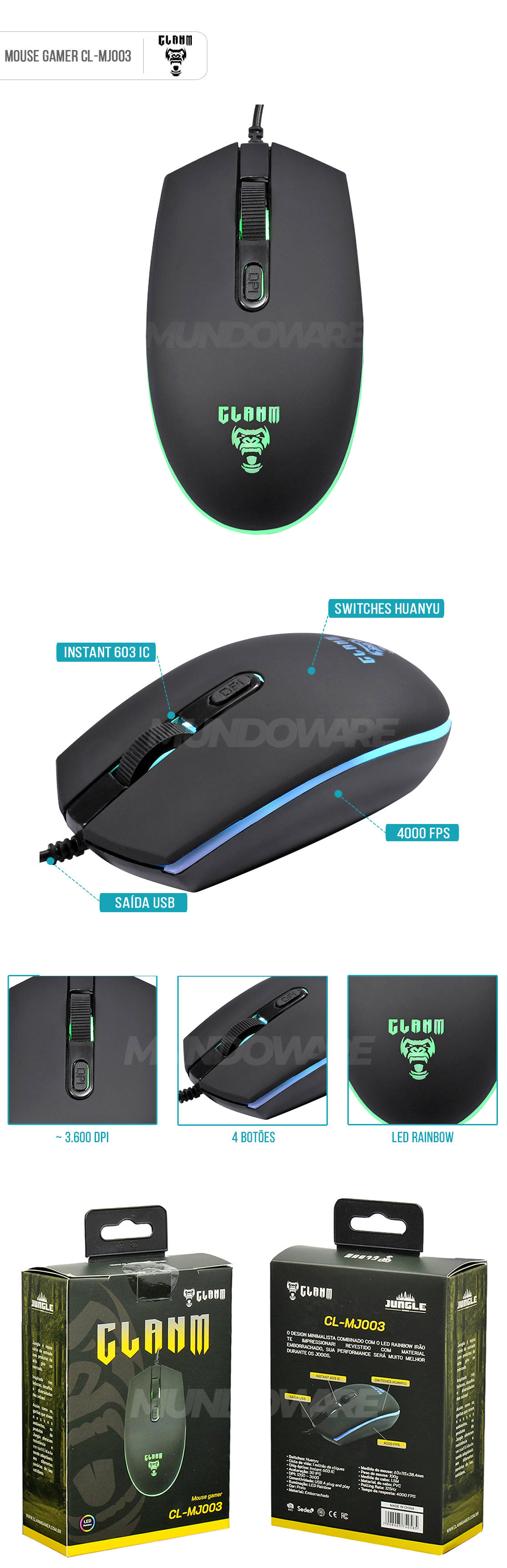 Mouse Gamer 4 Botões LED Rainbow até 3600 DPI Emborrachado Clanm CL-MJ003