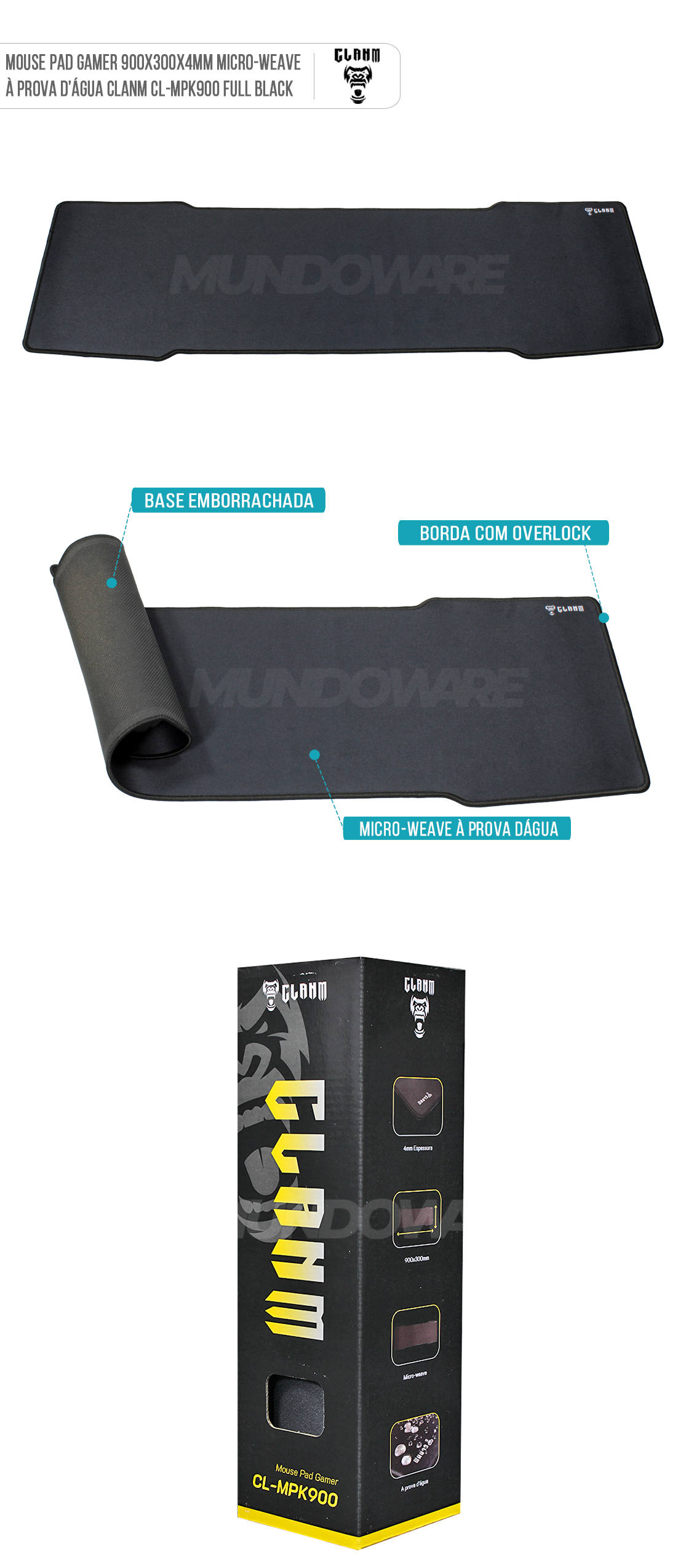 Mouse Pad Gamer Full Black 900x300x4mm Micro-weave à prova d'água Clanm CL-MPK900
