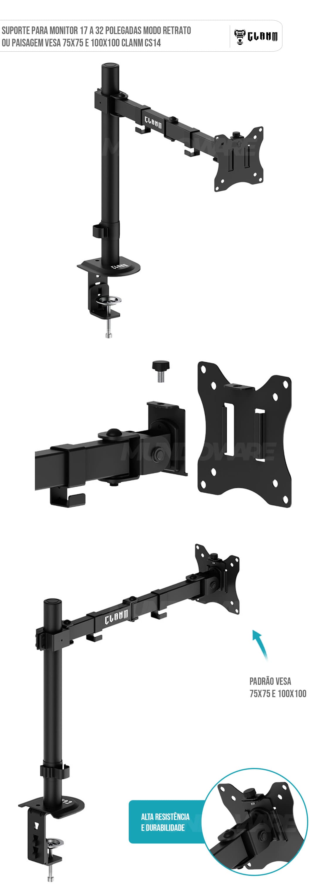 Suporte para Monitor 17 a 32 Polegadas Modo Retrato ou Paisagem VESA 75x75 e 100x100 Clanm CS14 Suporte para Monitor 17 a 32 Polegadas Modo Retrato ou Paisagem VESA 75x75 e 100x100 Clanm CS14