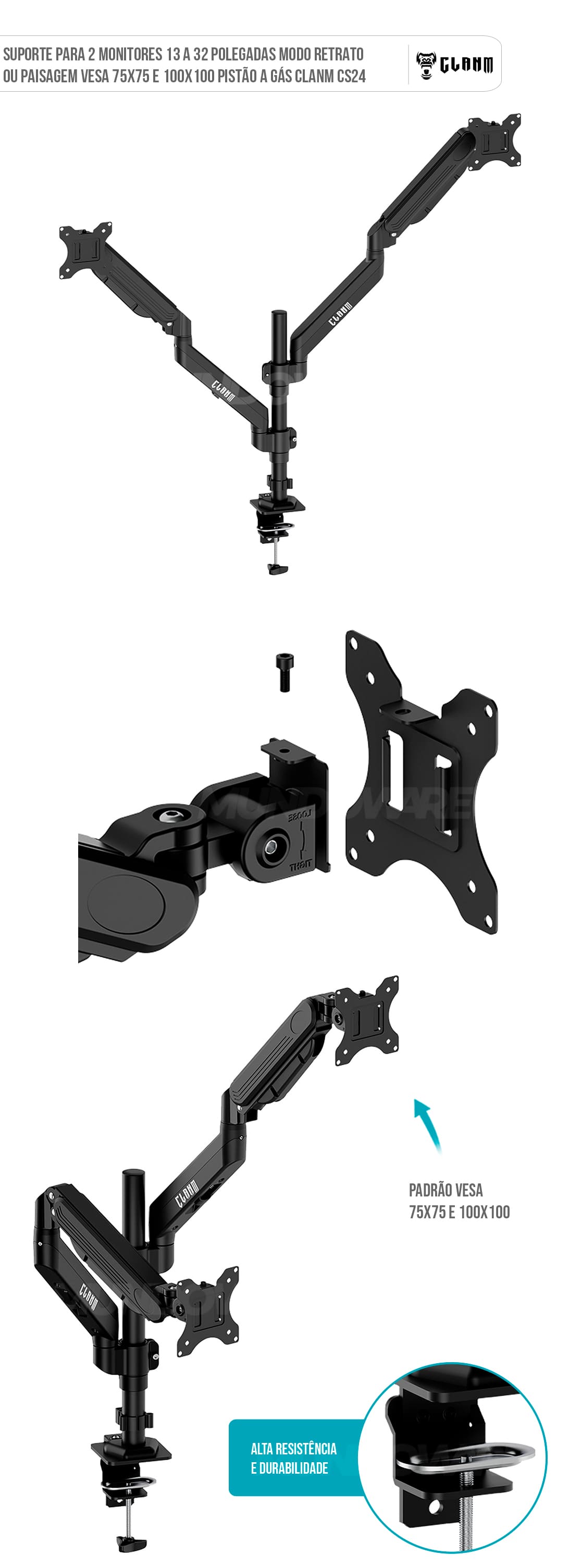 Suporte para 2 Monitores 13 a 32 Polegadas Modo Retrato ou Paisagem VESA 75x75 e 100x100 Pistão a Gás Clanm CS24 Suporte para 2 Monitores 13 a 32 Polegadas Modo Retrato ou Paisagem VESA 75x75 e 100x100 Pistão a Gás Clanm CS24