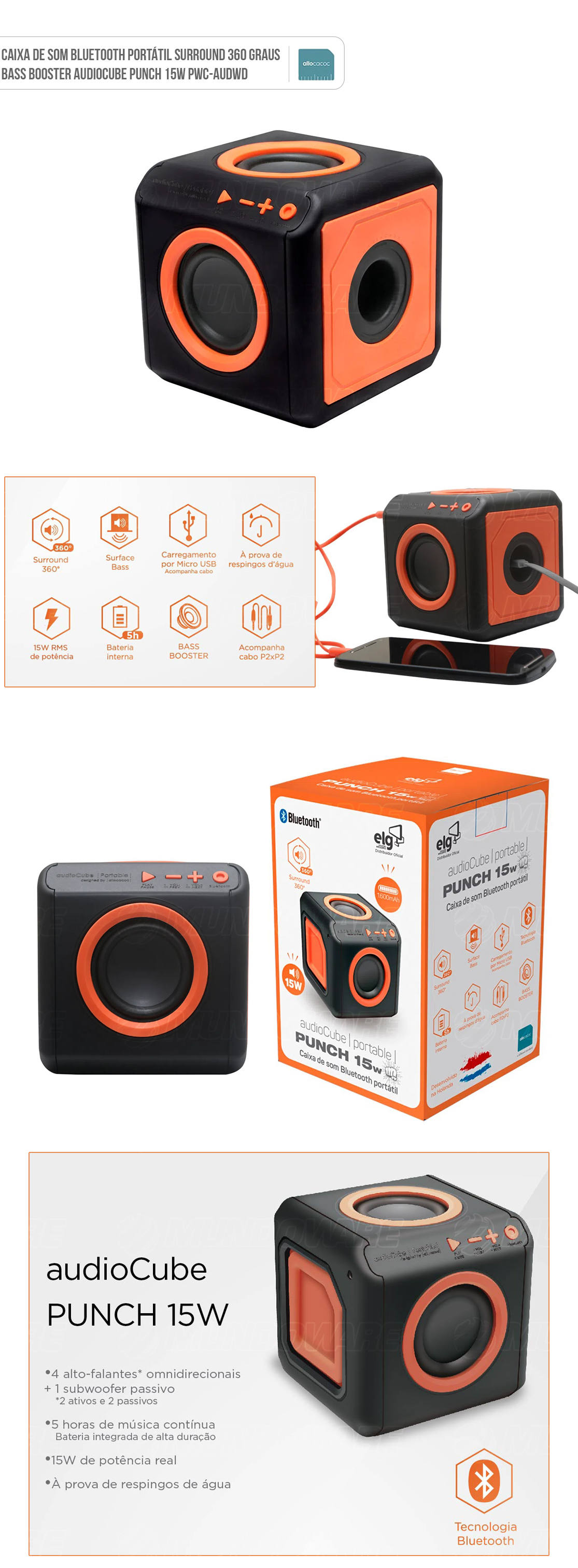 Caixa de Som Bluetooth Portátil Punch 15W Surround 360 graus Bass Booster AudioCube PWC-AUDWD