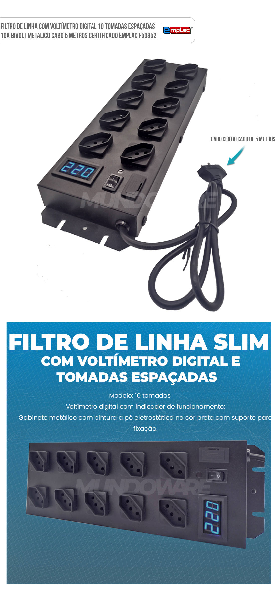 Filtro de Linha com Voltímetro Digital 10 Tomadas Espaçadas 10A Bivolt Metálico Cabo de 5 Metros Certificado Emplac F50852 Preto