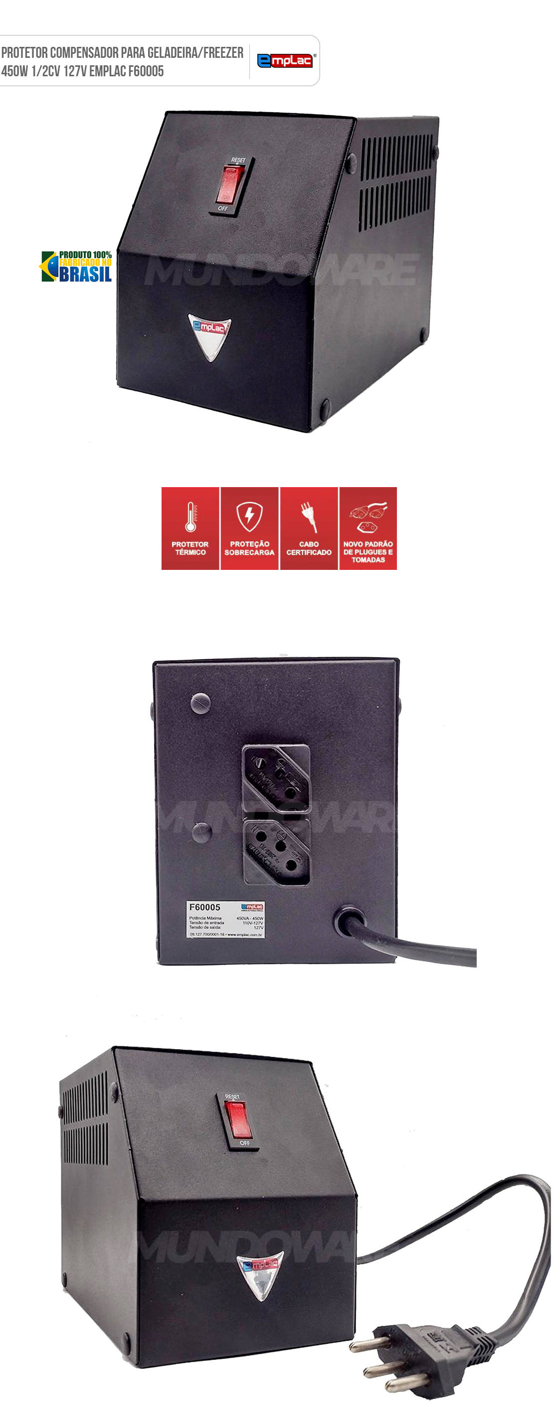 Protetor Compensador para Geladeira e Freezer 450W 1/2CV 127V Cabo 1 Metro Certificado Emplac F60005