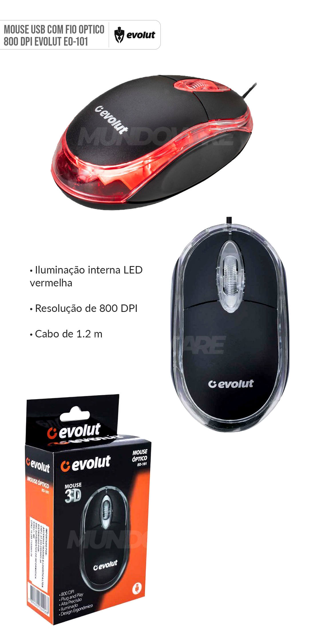 Mouse USB com Fio Óptico 800 DPI Evolut EO-101