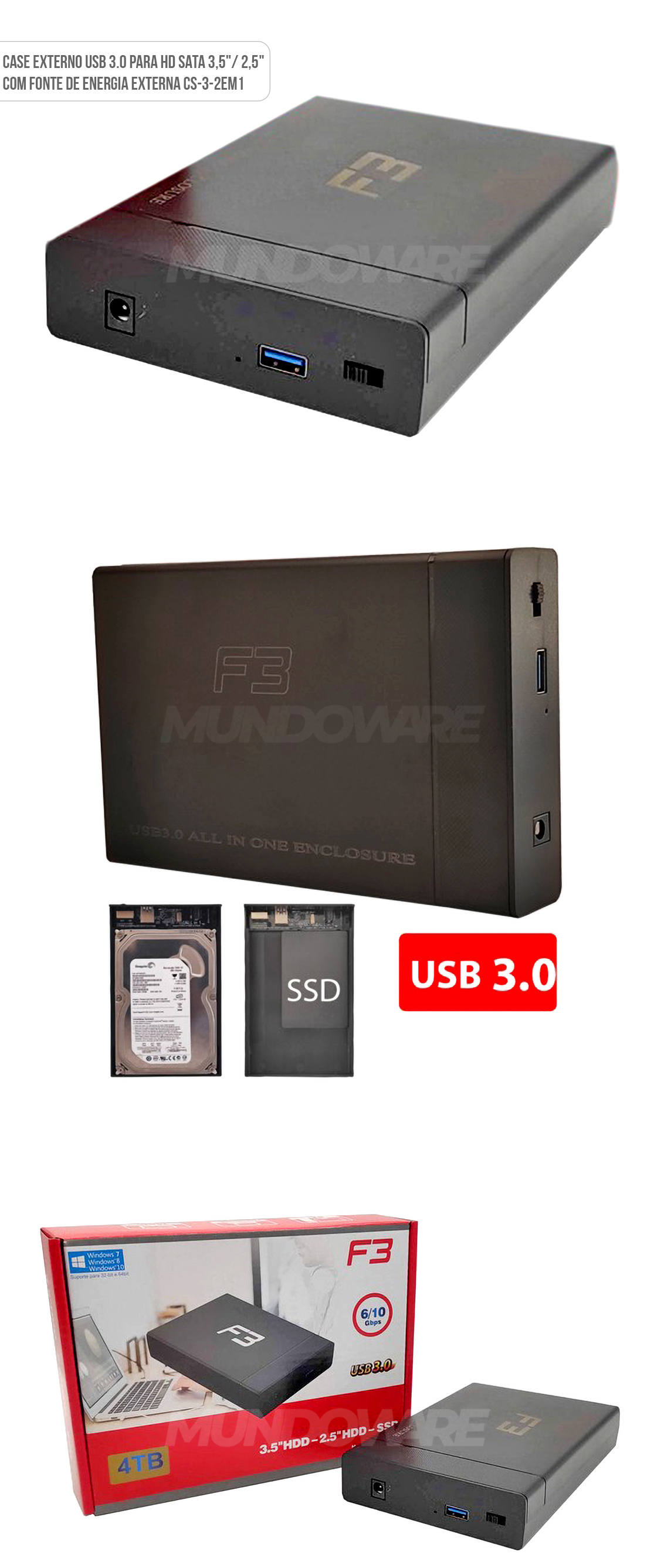 Case Externo USB 3.0 para HD SATA 3.5 e 2.5 até 4TB com Fonte Externa CS-3-2EM1