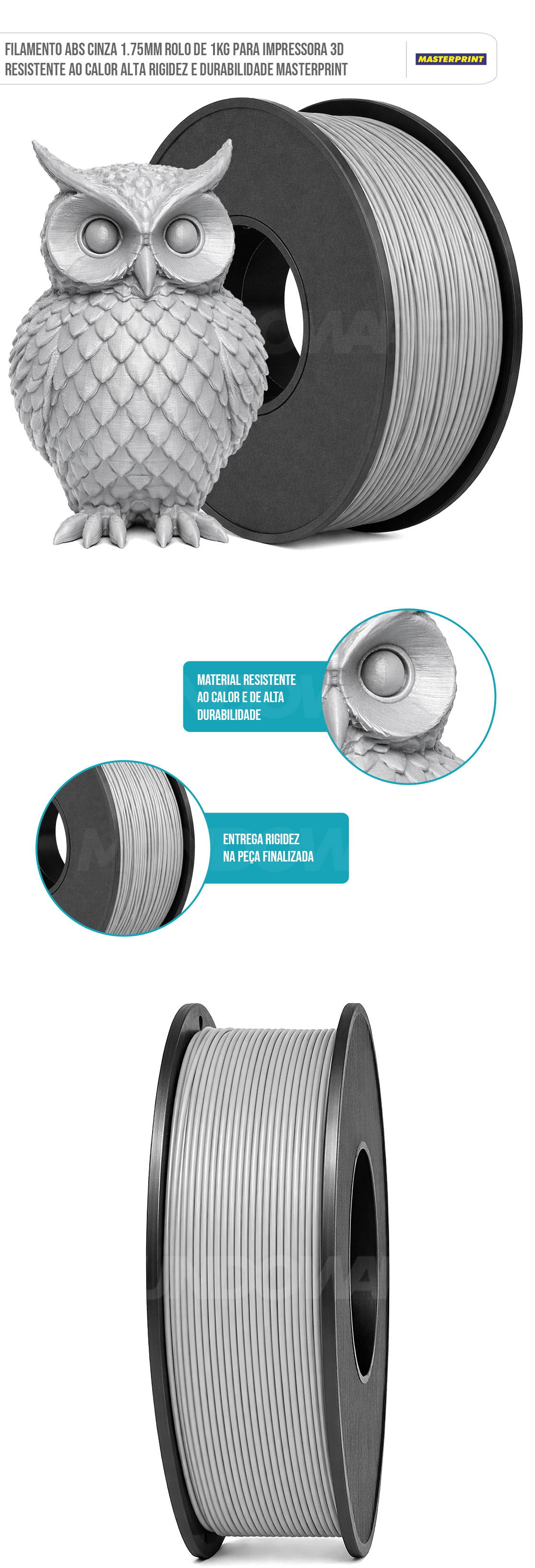 Filamento de Impressora 3D ABS Cinza 1.75mm 1KG Resistente ao Calor Rigidez Durabilidade Masterprint Filamento 3D
