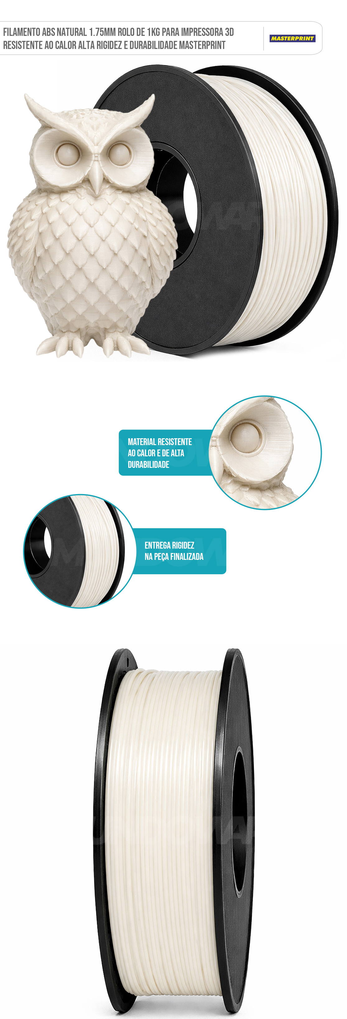Filamento de Impressora 3D ABS Natural 1.75mm 1KG Resistente ao Calor Rigidez Durabilidade Masterprint Filamento 3D