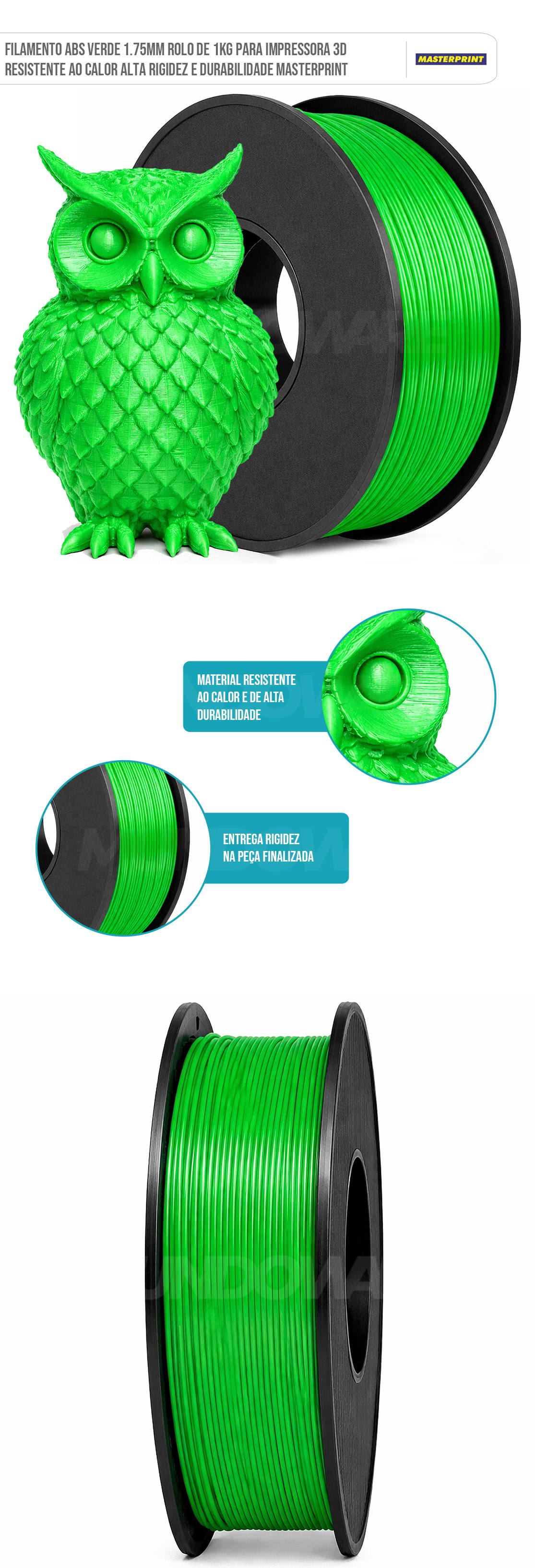 Filamento de Impressora 3D ABS Verde 1.75mm 1KG Resistente ao Calor Rigidez Durabilidade Masterprint Filamento 3D