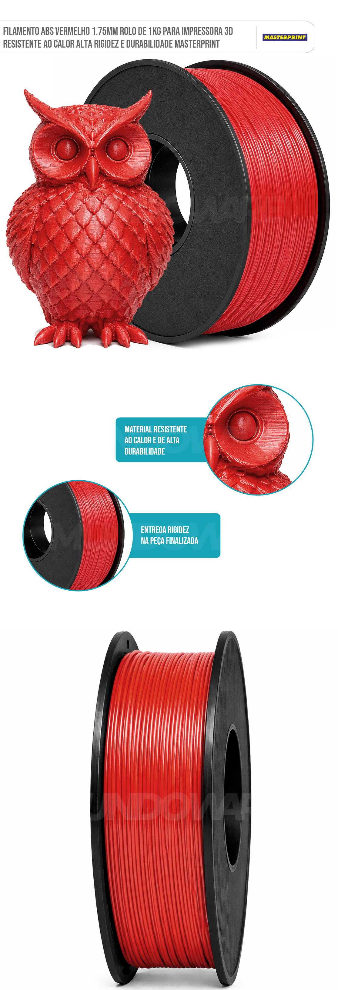 Filamento de Impressora 3D ABS Vermelho 1.75mm 1KG Resistente ao Calor Rigidez Durabilidade Masterprint Filamento 3D