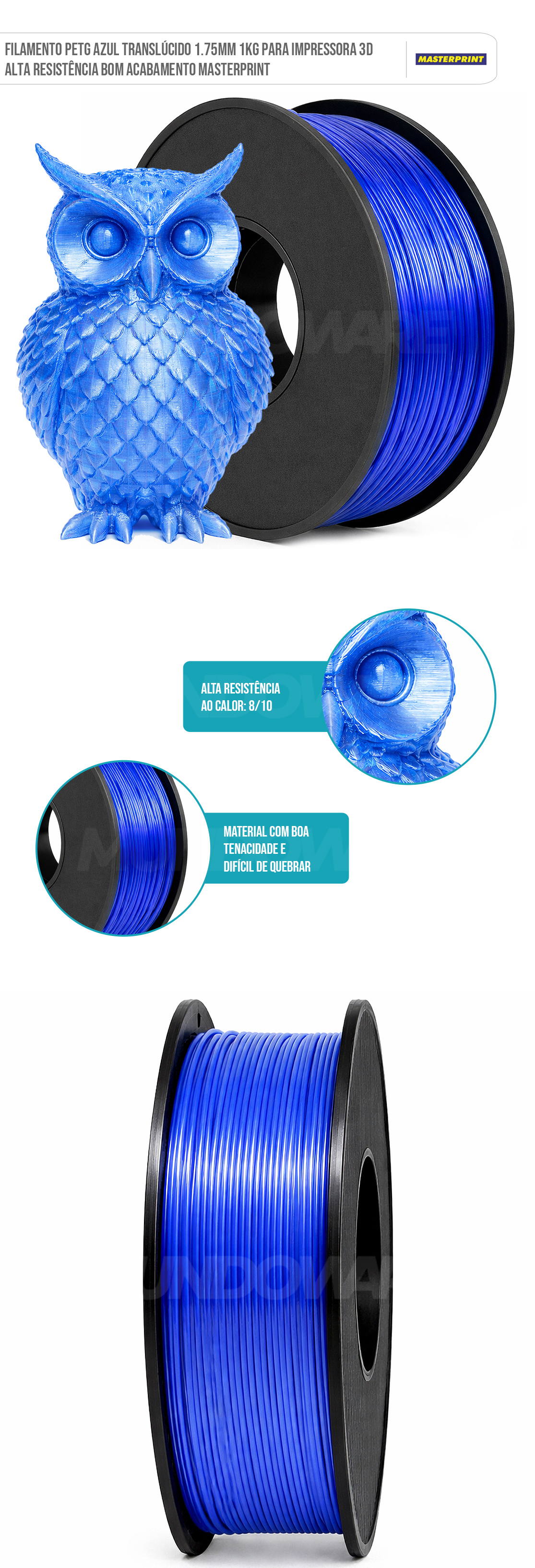 Filamento 3D PETG Azul Translúcido 1.75mm 1KG para Impressora 3D Alta Resistência Bom Acabamento Masterprint