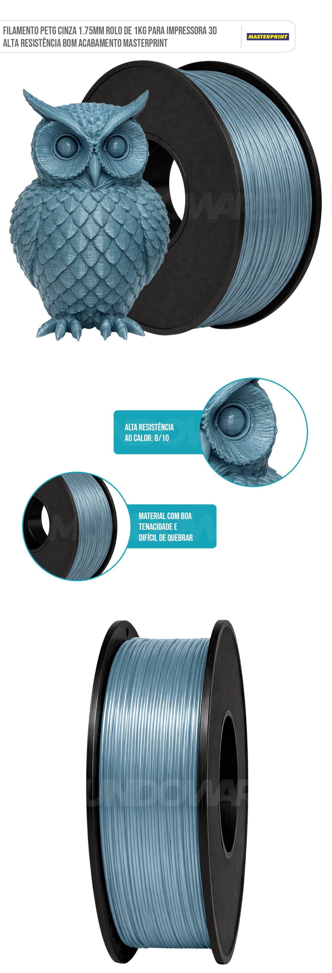 Filamento 3D PETG Cinza 1.75mm Rolo de 1KG Alta Resistência Bom Acabamento para Impressora 3D Masterprint