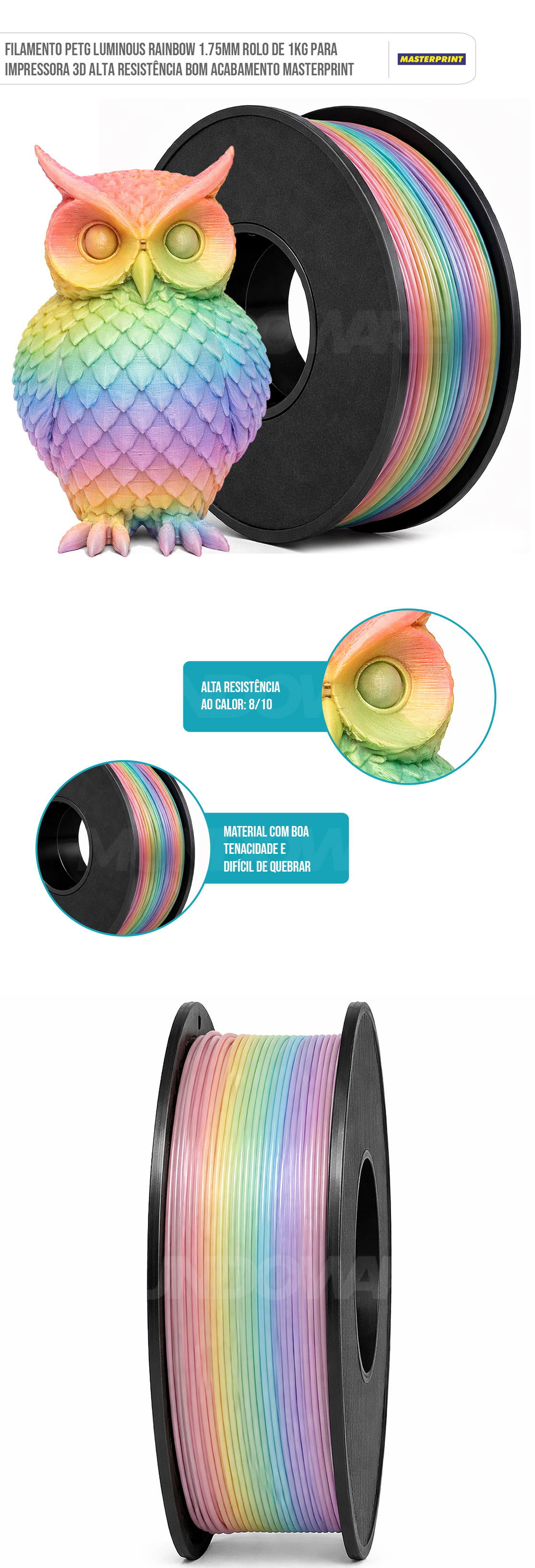 Filamento PETG Luminous Rainbow 1.75mm Rolo de 1KG Para Impressora 3D Alta Resistência Bom Acabamento Masterprint